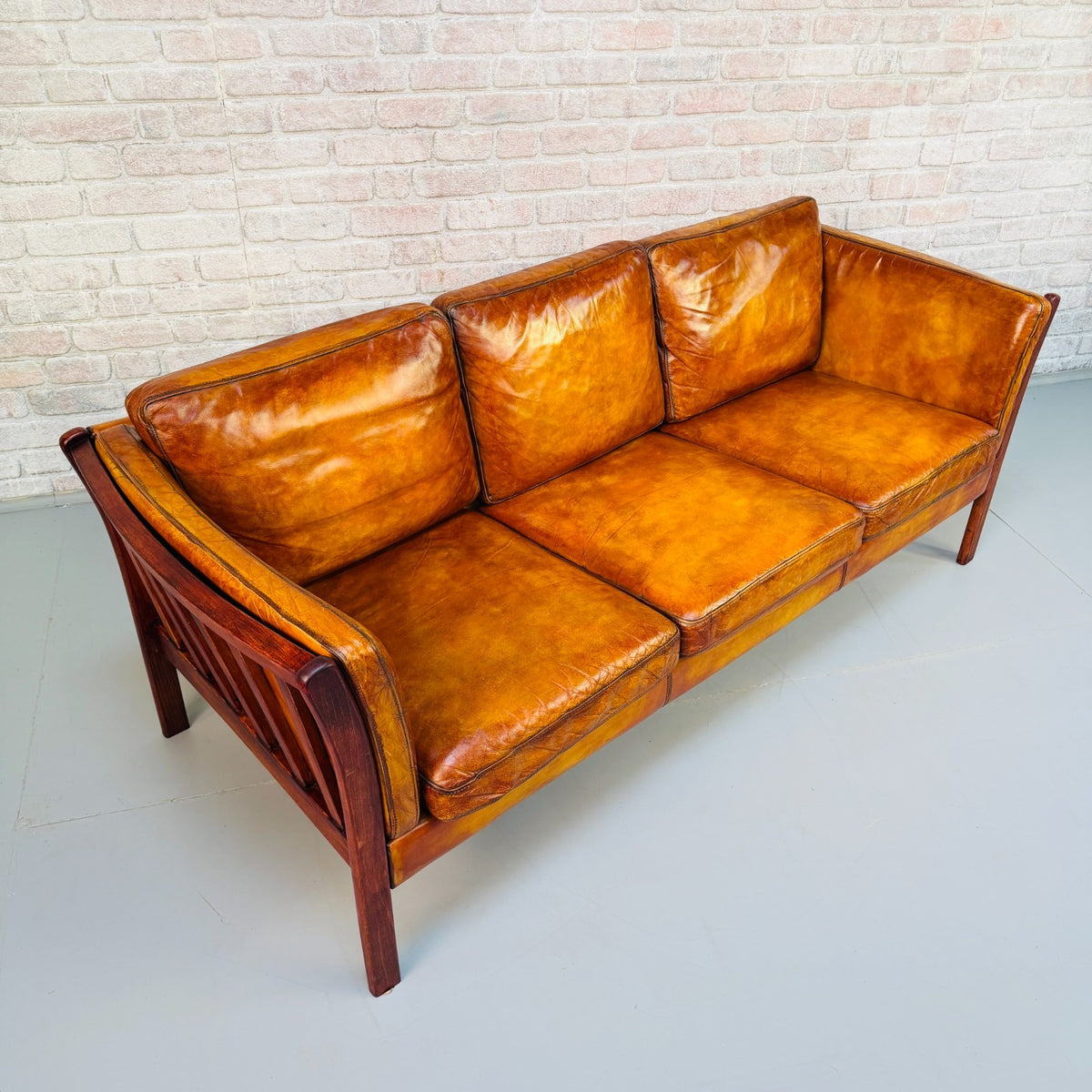 Vintage Danish Tan Leather 3 Seater Sofa – Hand Dyed Beautiful Patina