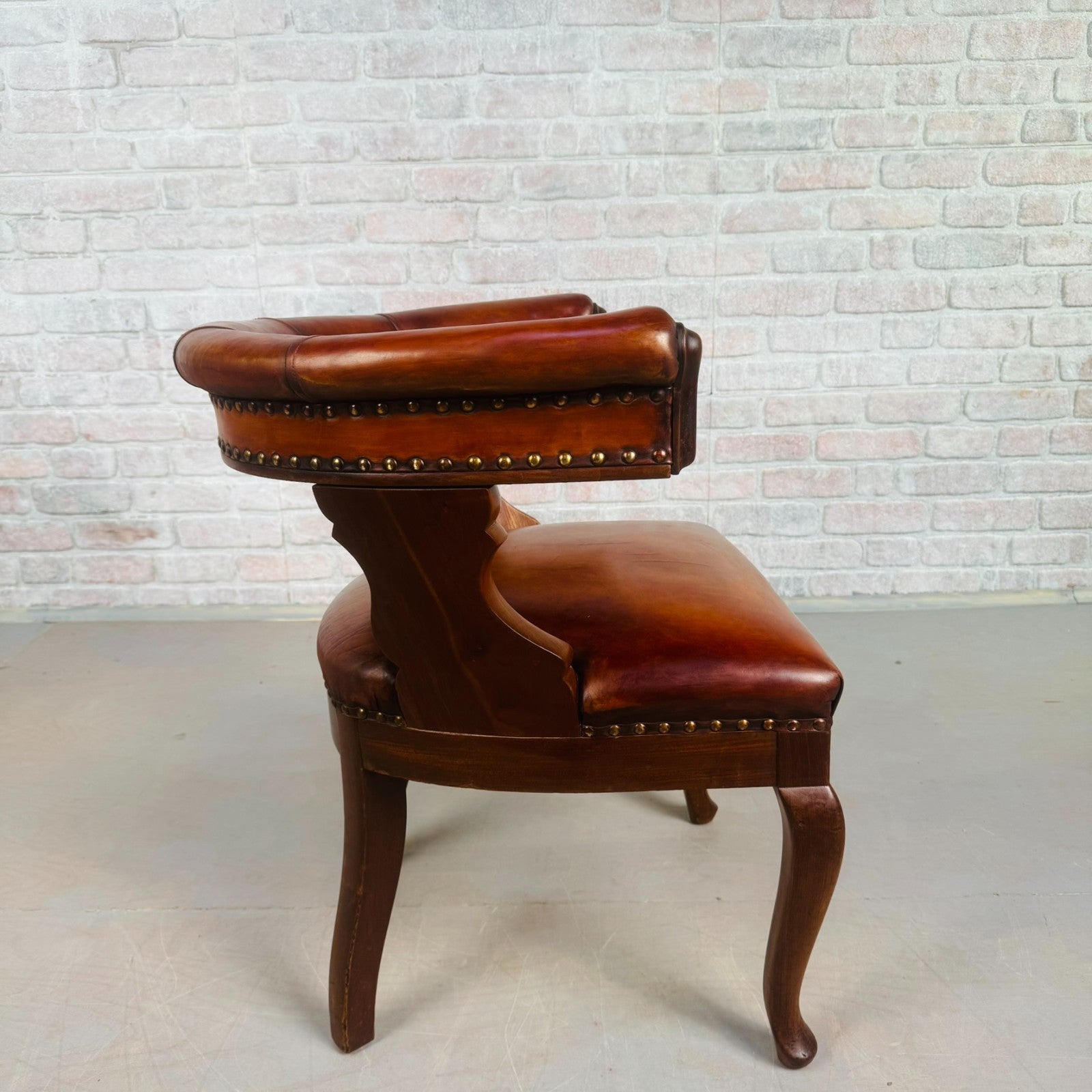 1940s Antique Danish Tan Leather Partner’s Desk Chair - Walnut Frame