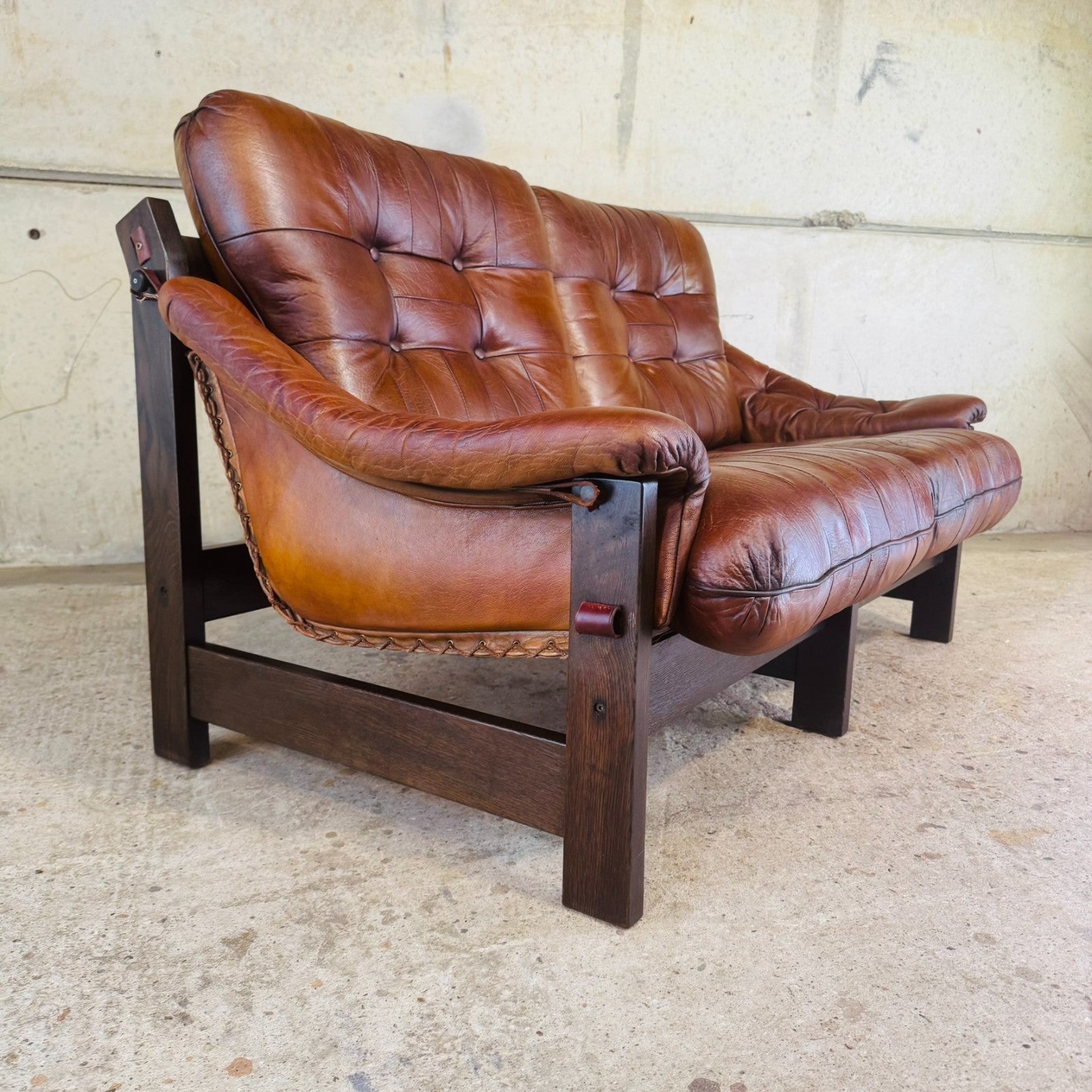 1970s Jean Gillon Brazilian Oak & Tan Leather Two-Seater Sofa — Rustic
