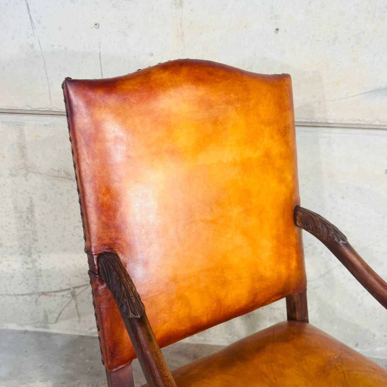 Cromwellian Revival Carved Oak and Leather Armchair Carver Chair