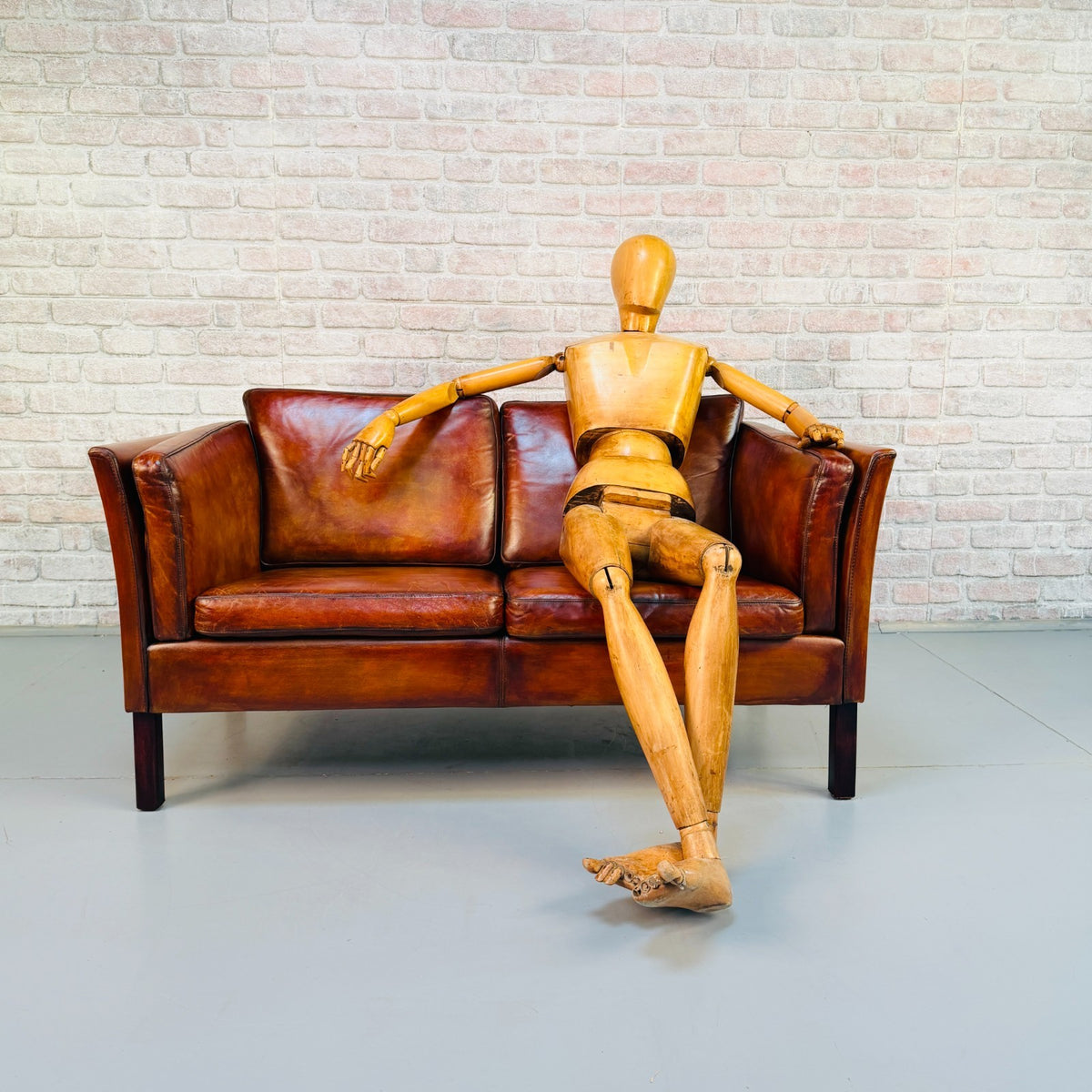 Vintage Danish Tan Leather 2 Seater Sofa – Mid Century Modern Hand Dyed Patina