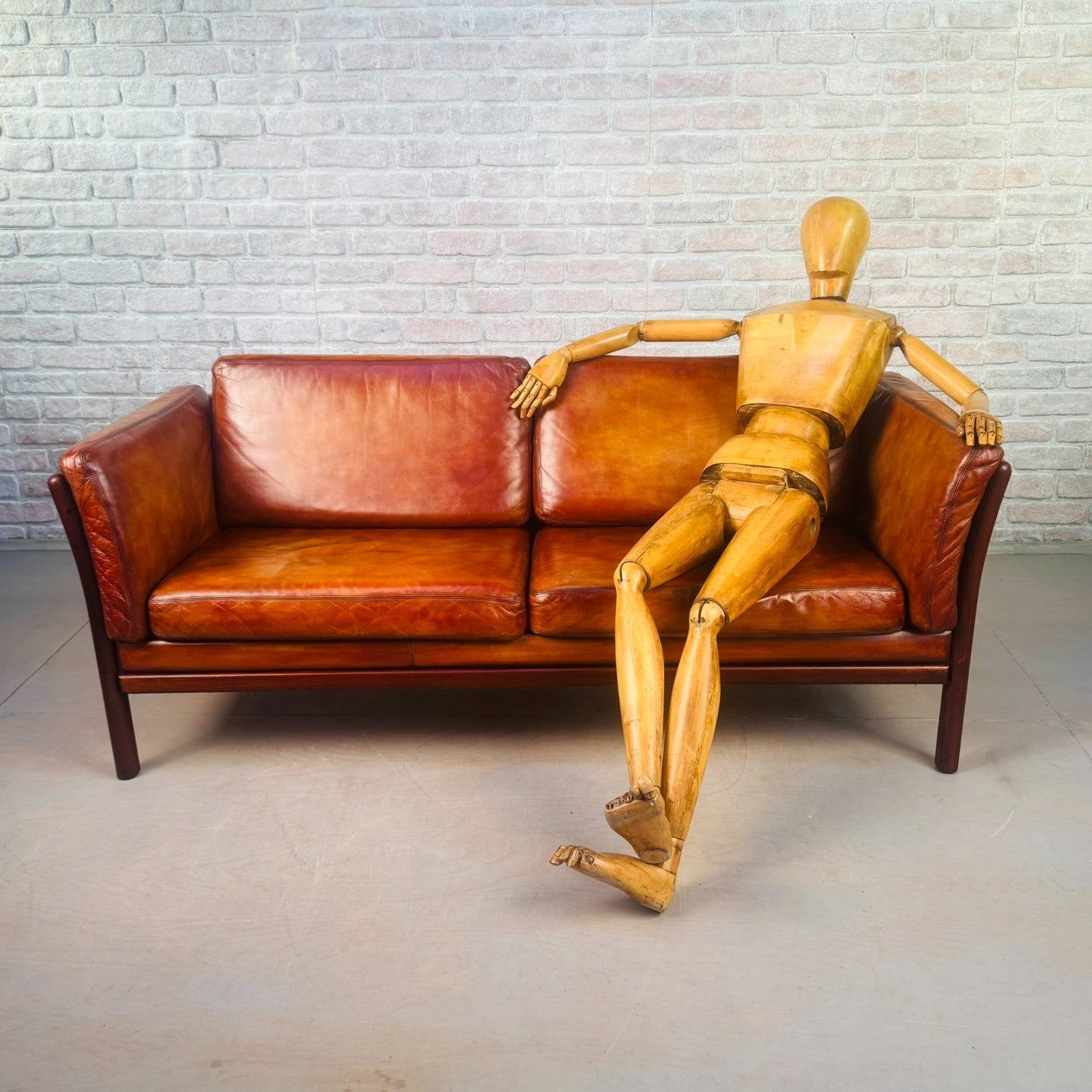 Vintage Danish 2.5 Seater Cognac Leather Sofa Beech Frame Mid Century