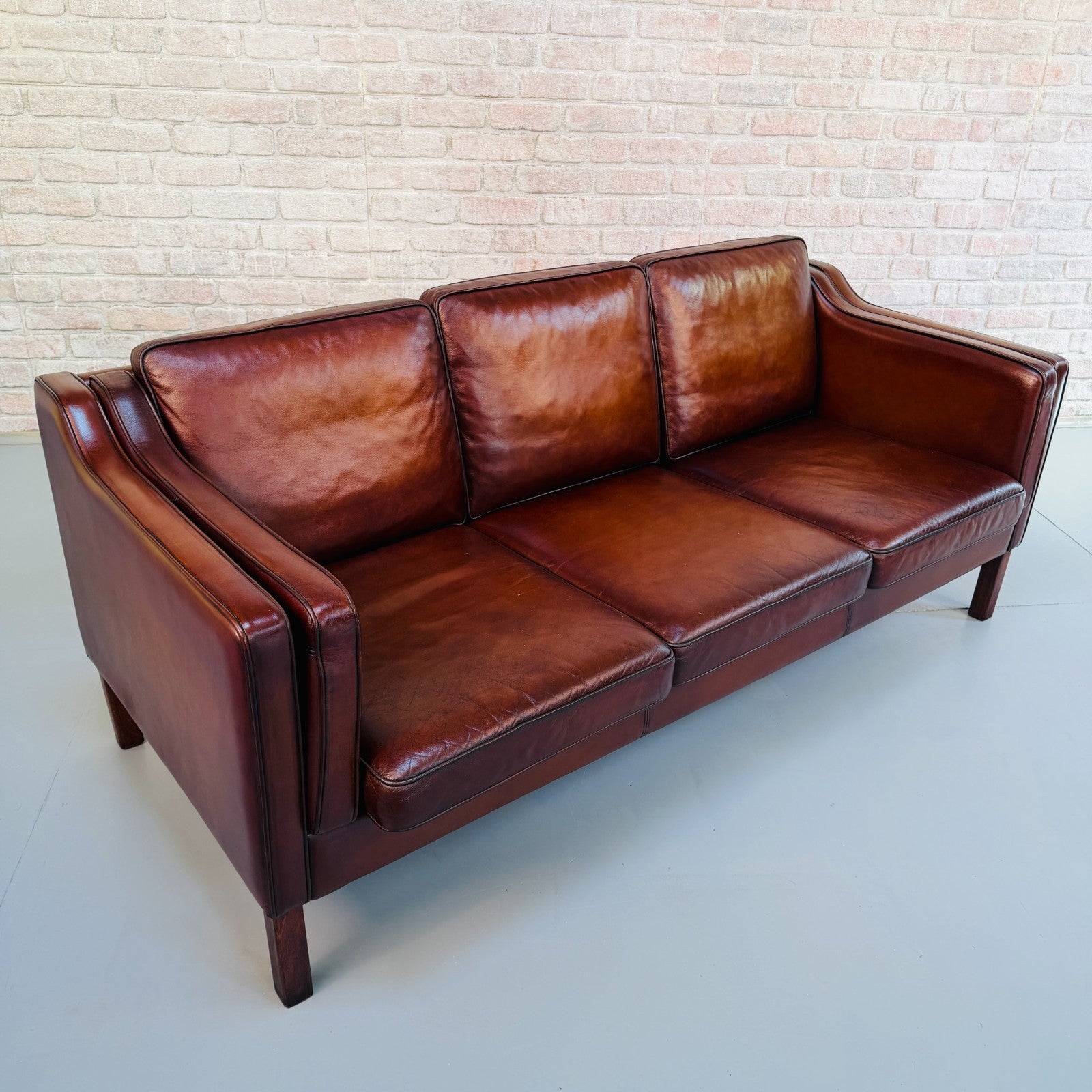 Vintage Danish Børge Mogensen Style Cigar Brown Leather Three Seater Sofa