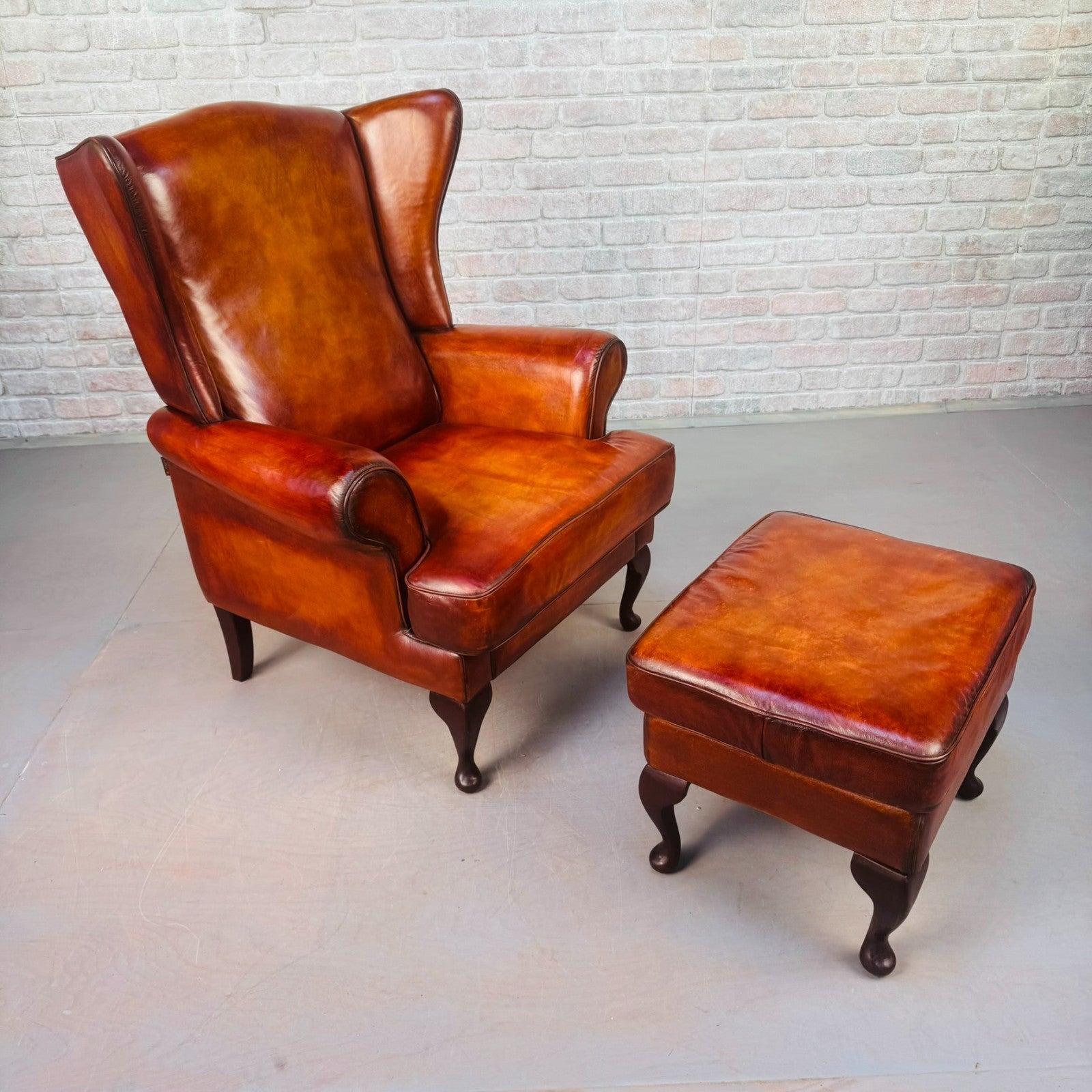 Vintage Danish Wingback Tan Leather Chair & Footstool