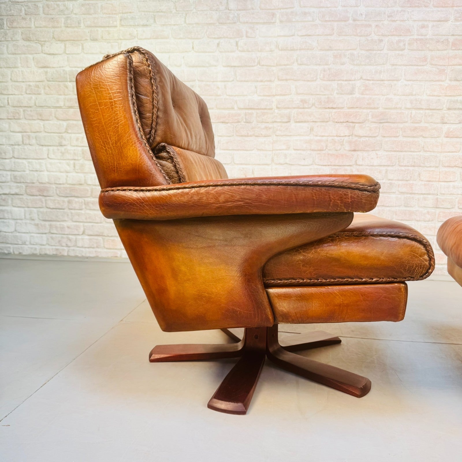 Pair Danish Swivel Chairs Tan Bison Leather Hand Plaited Lounge Chairs