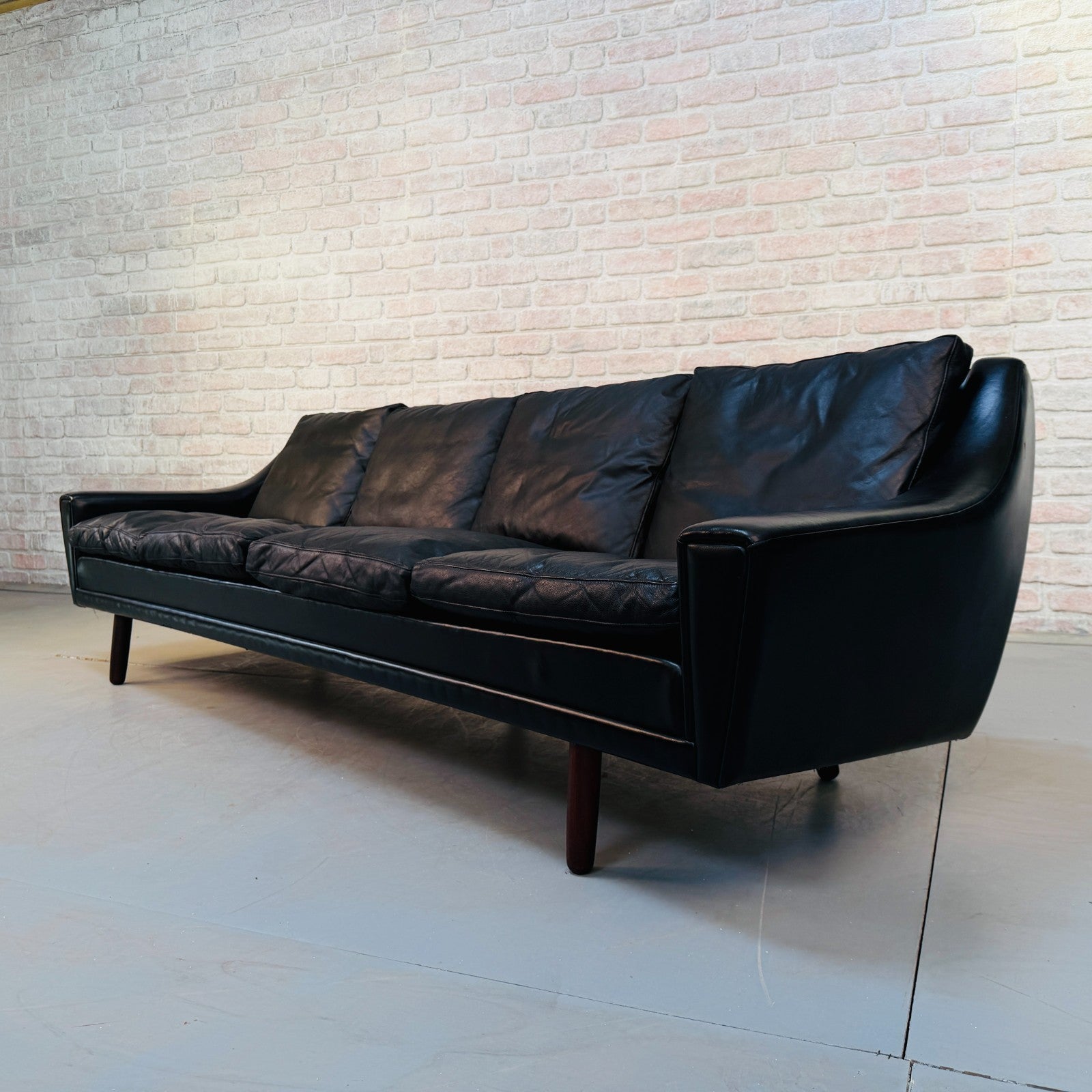 Vintage 1970s Danish George Thams Black Hand-Dyed Leather Four Seater Sofa
