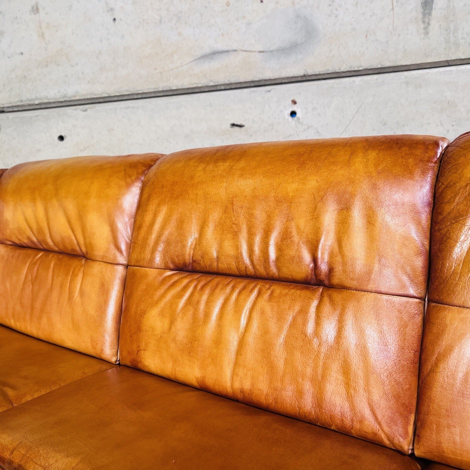 Long Vintage Swedish Three-Seater Patinated  Tan Leather Sofa