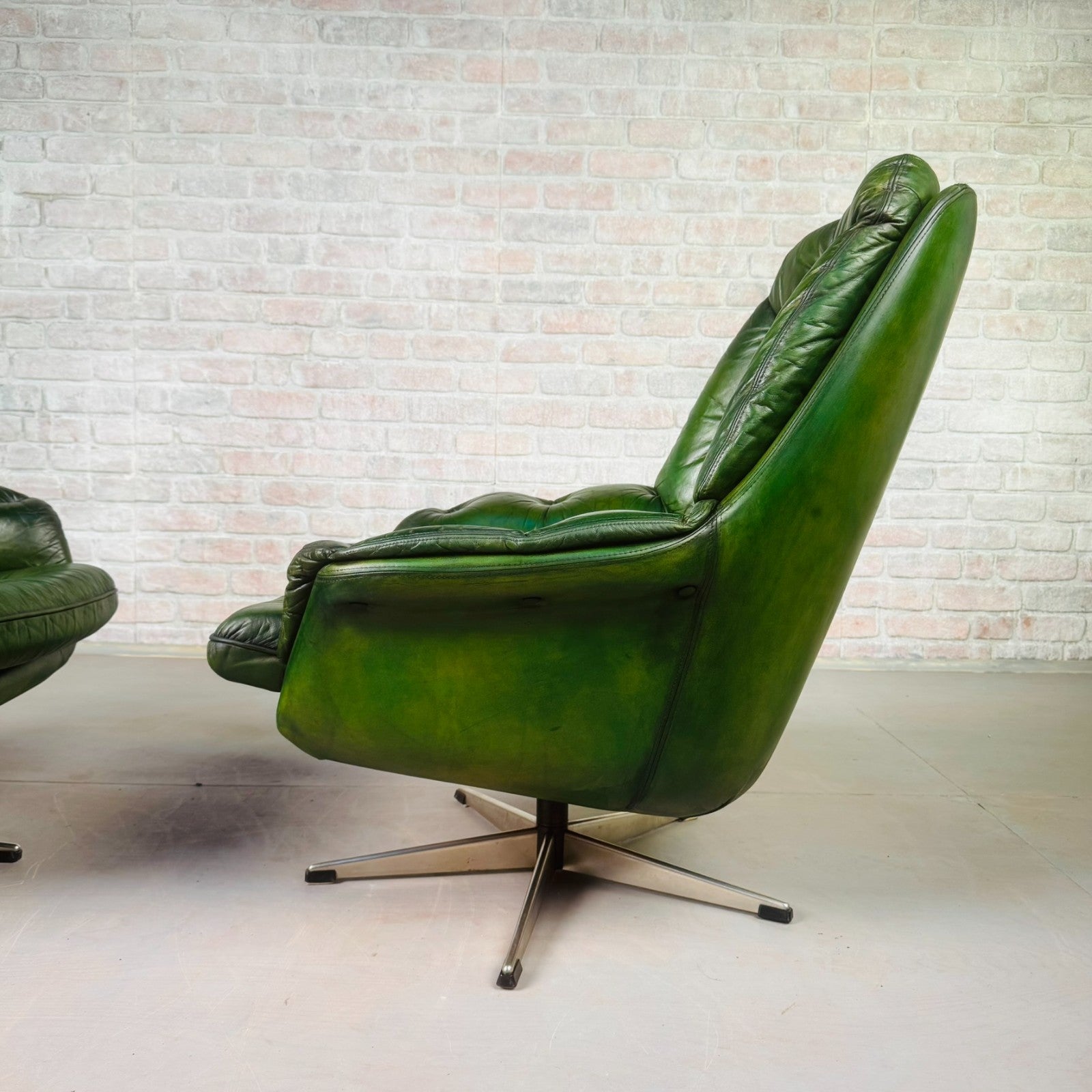 Pair of Vintage Danish Green Leather Swivel Chairs