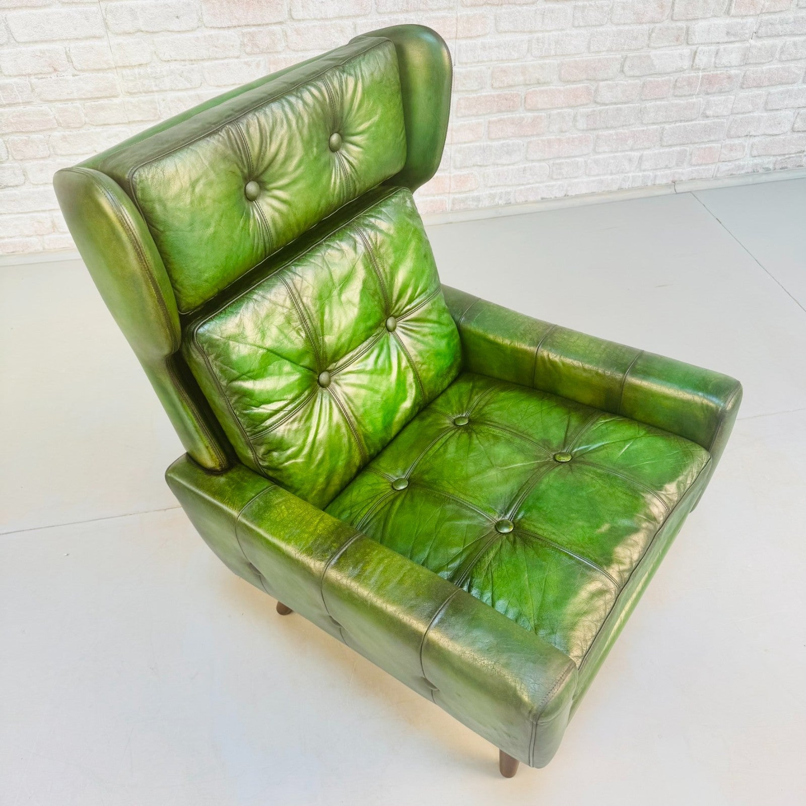 Vintage 1970s Svend Skippers High Back Green Leather Armchair