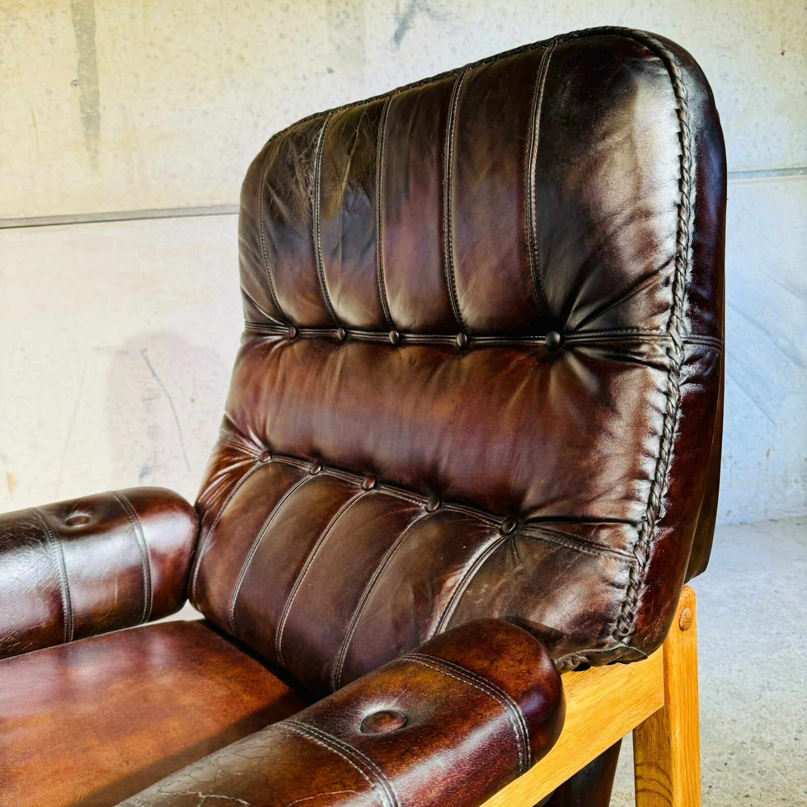 Vintage His and Hers Leather & Oak Swedish Chairs 1970s with Footstool