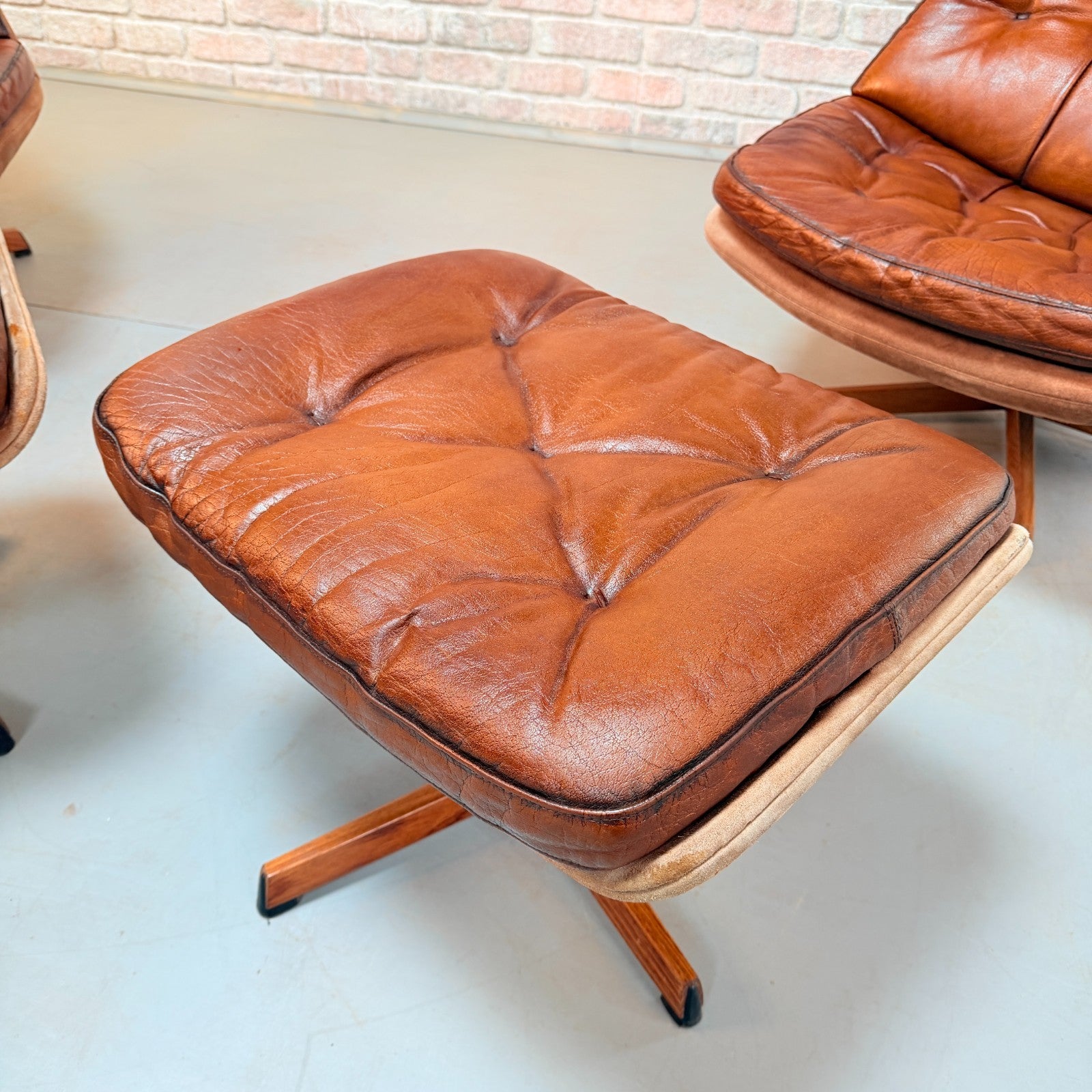 1960s Pair of Madsen & Schubell MS68 Cognac Leather Lounge Chairs & Footstools