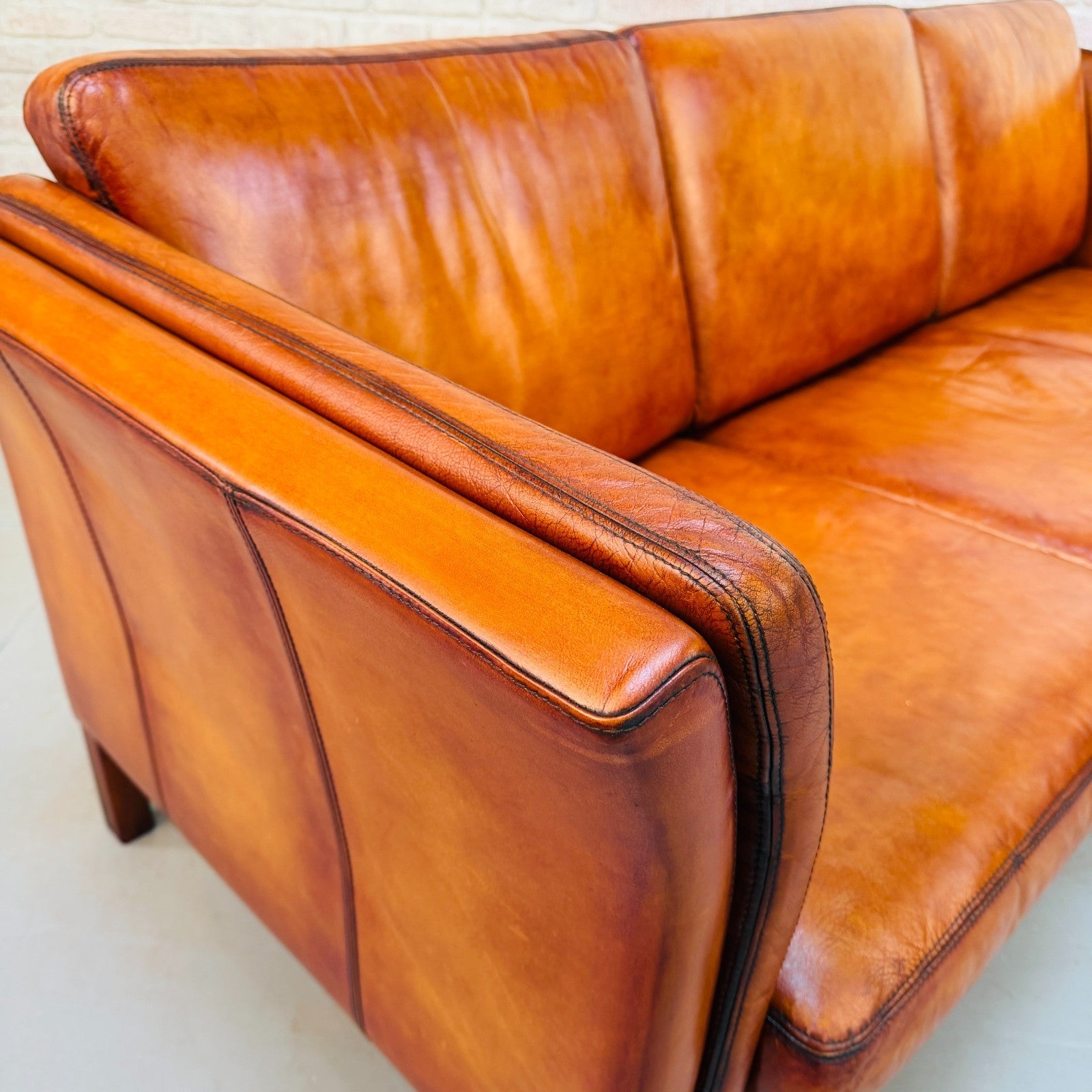 Vintage 1970s Danish Cognac Hand-Dyed Leather Three Seater Box Sofa