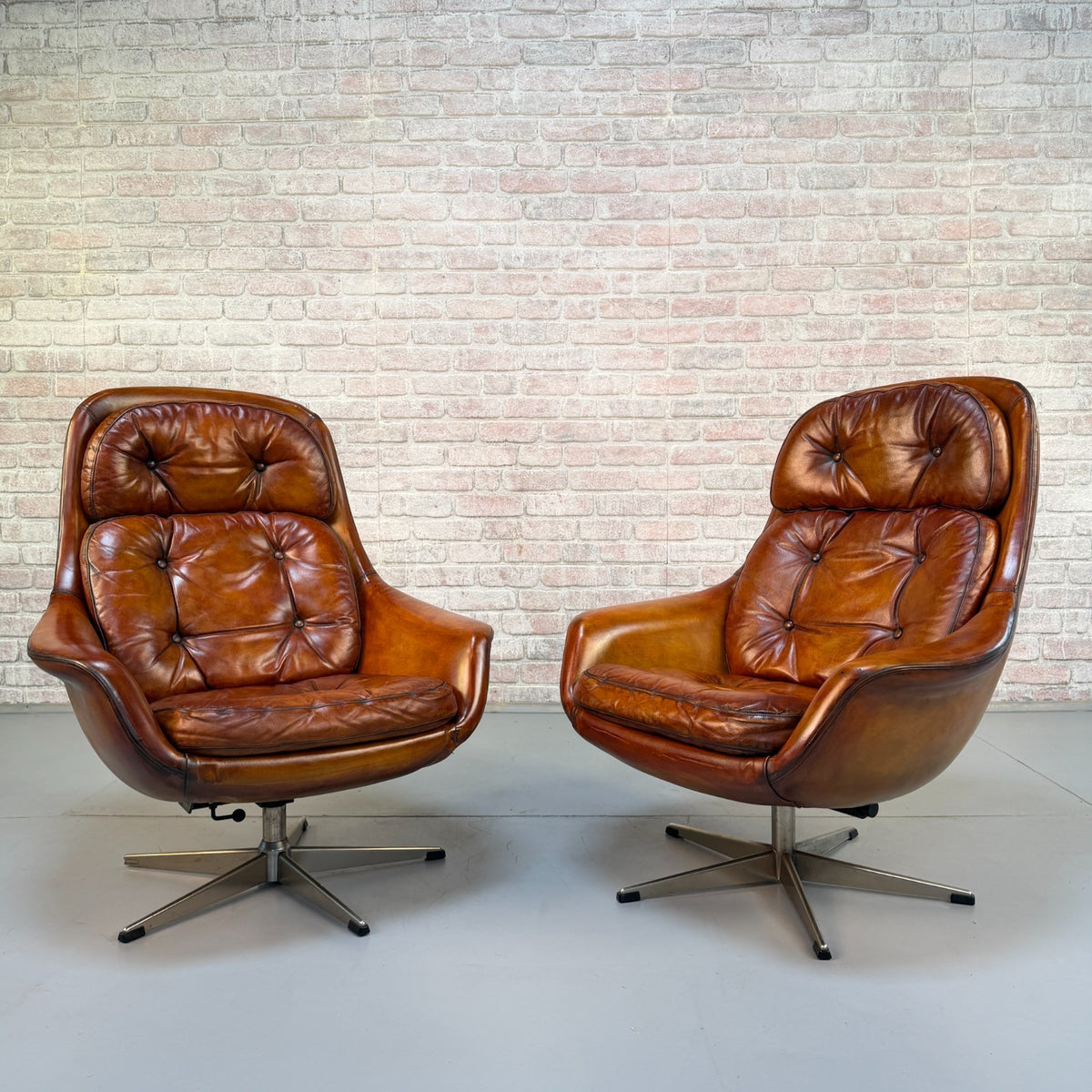 Vintage 1970s H.W. Klein Danish Tan Leather Swivel Egg Chairs & Footstool