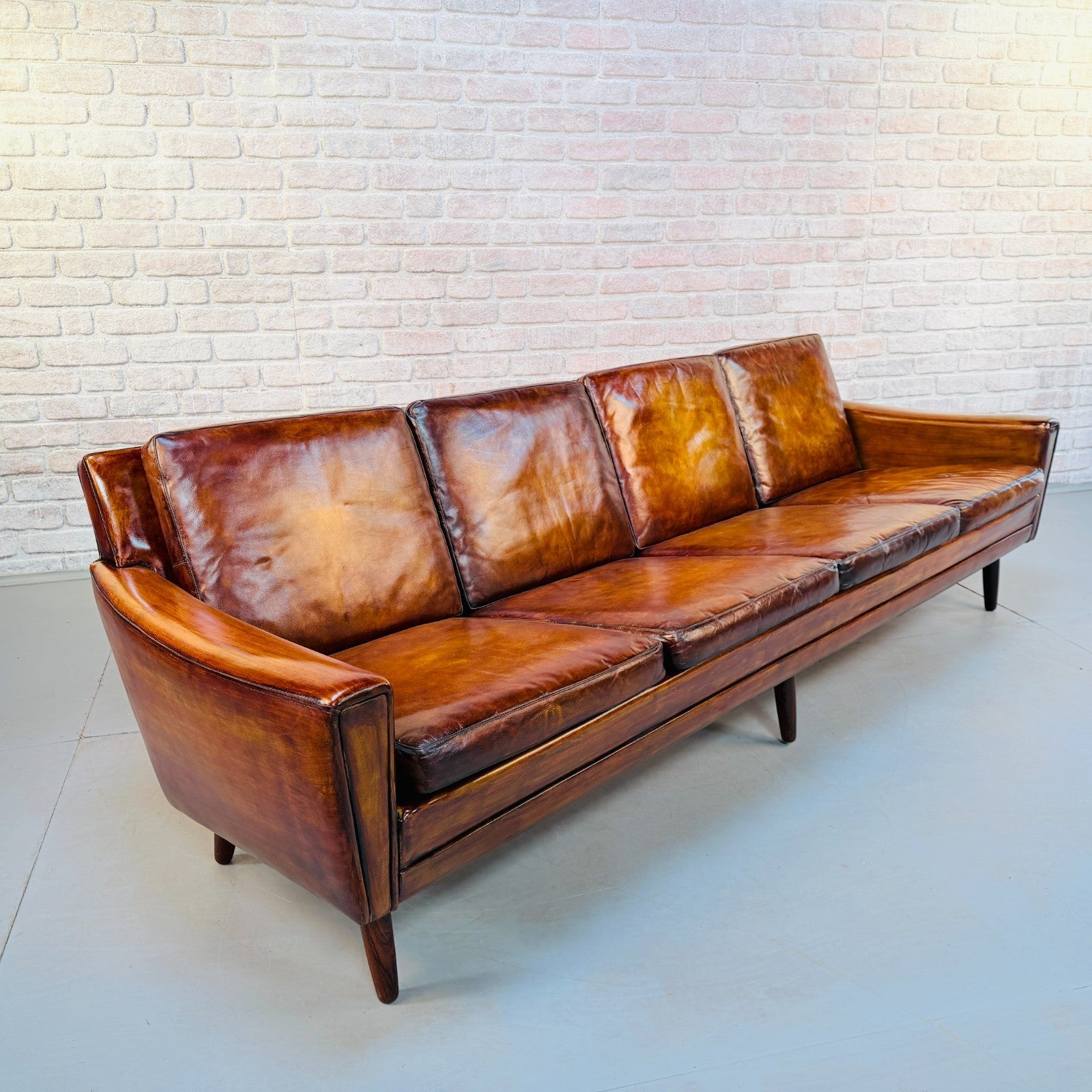 Vintage 1970s Danish George Thams Tan Hand-Dyed Leather Four Seater Sofa