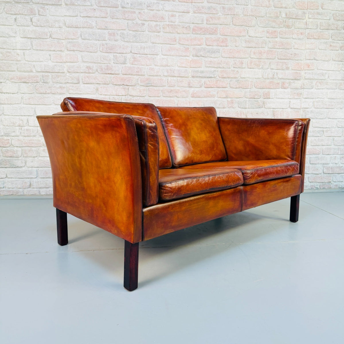 Vintage Danish Tan Leather 2 Seater Sofa – Mid Century Modern Hand Dyed Patina