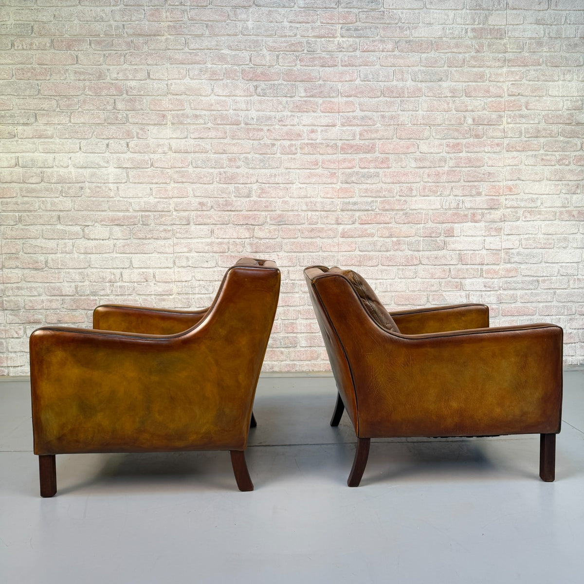 Near Pair Vintage 1970s Mogens Hansen Tan Leather Armchairs Danish Design