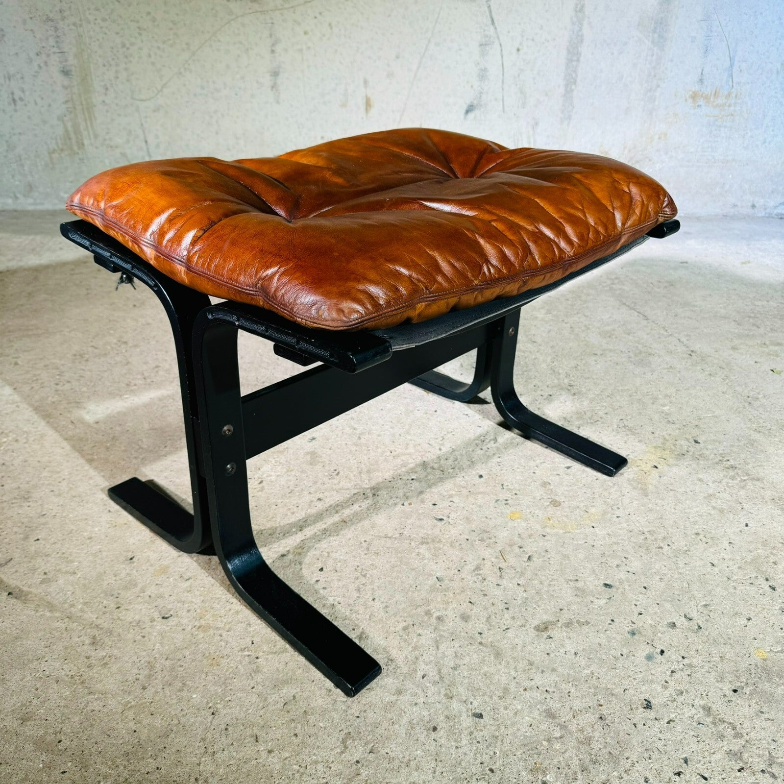 Vintage 1970s Westnofa Highback Tan Leather Chair & Footstool Ebonised Beech