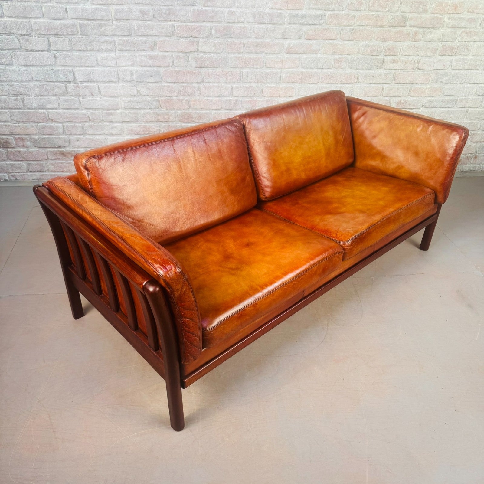 Vintage Danish 2.5 Seater Cognac Leather Sofa Beech Frame Mid Century