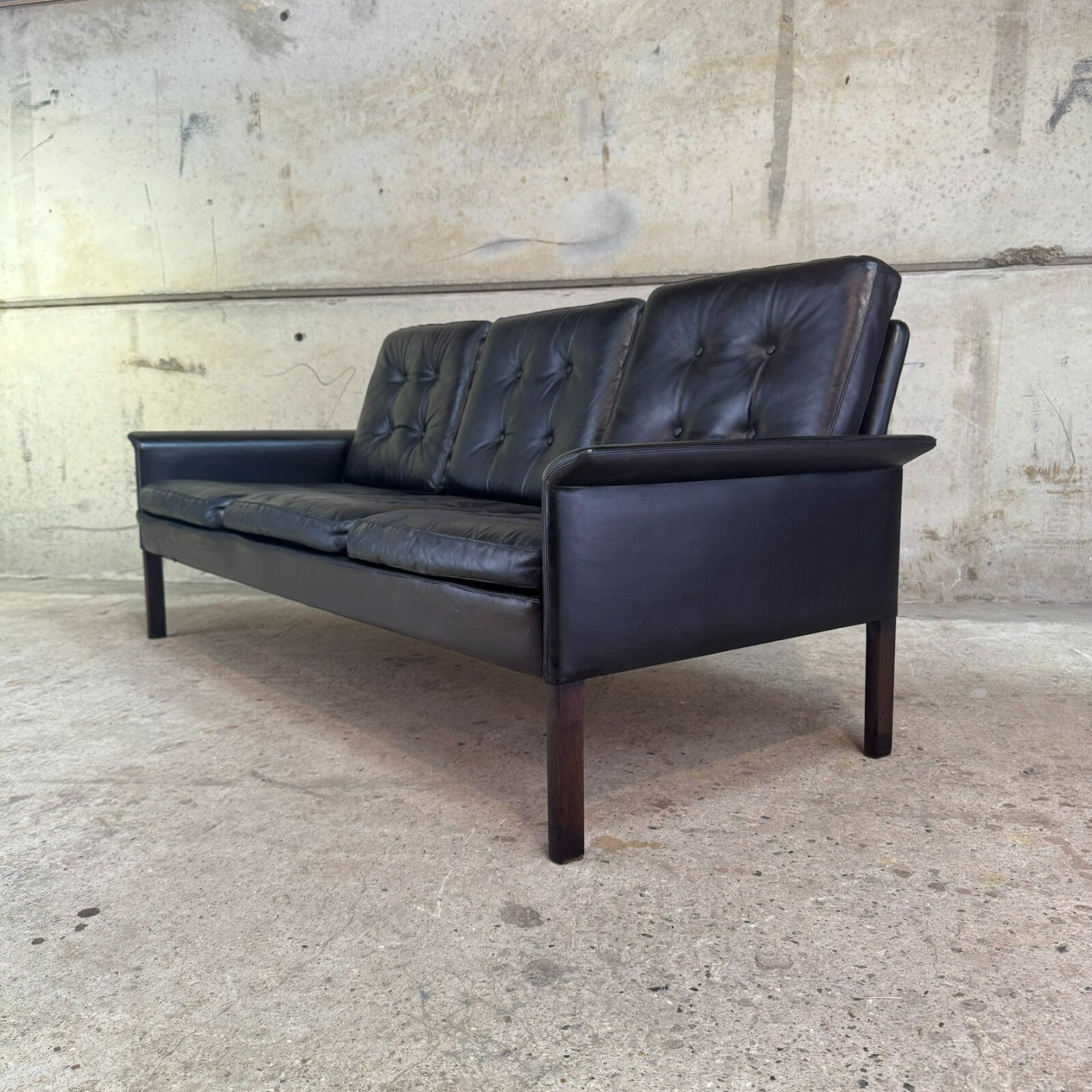 Danish 1970s Black Leather Three-Seater Sofa by Hans Olsen – Sleek Design