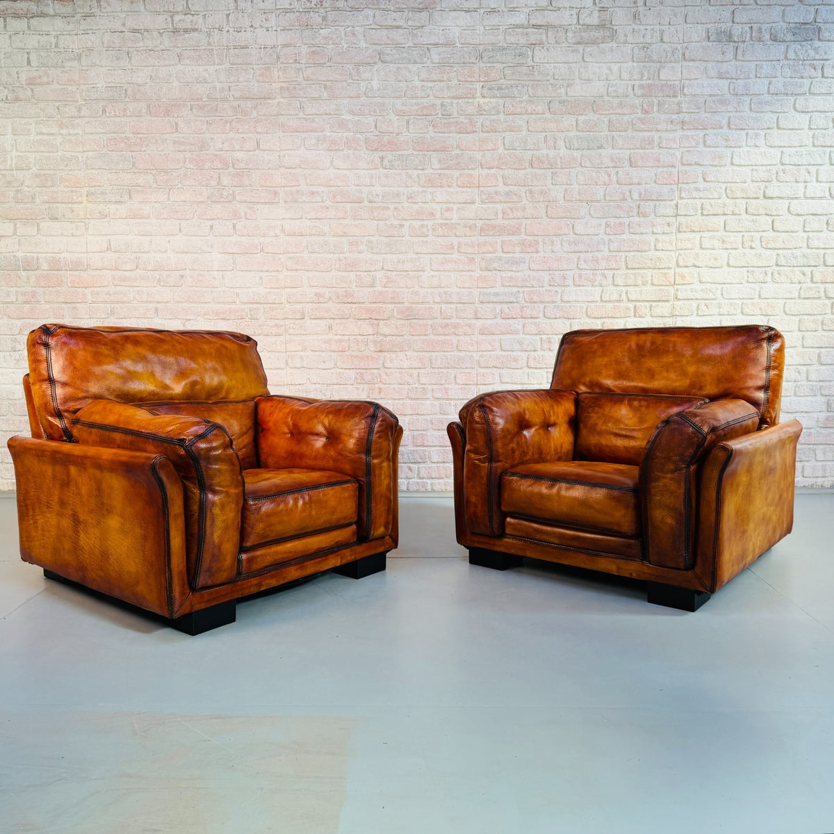 Huge Pair Vintage Roche Bobois Hand Dyed Tan Leather Armchairs