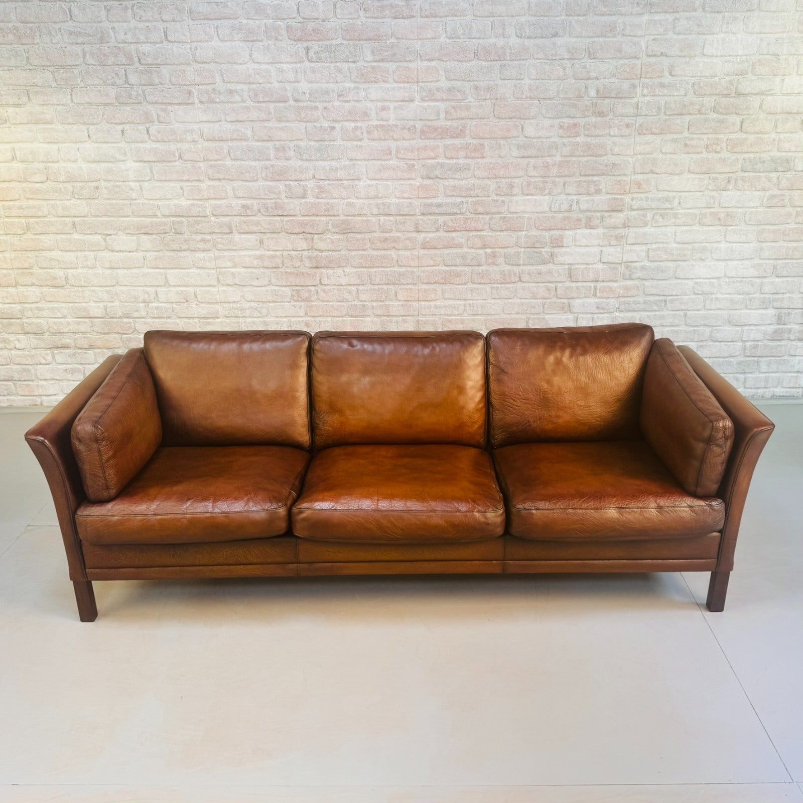 Vintage 1970s Mogens Hansen Danish Three Seater Tan Leather Sofa