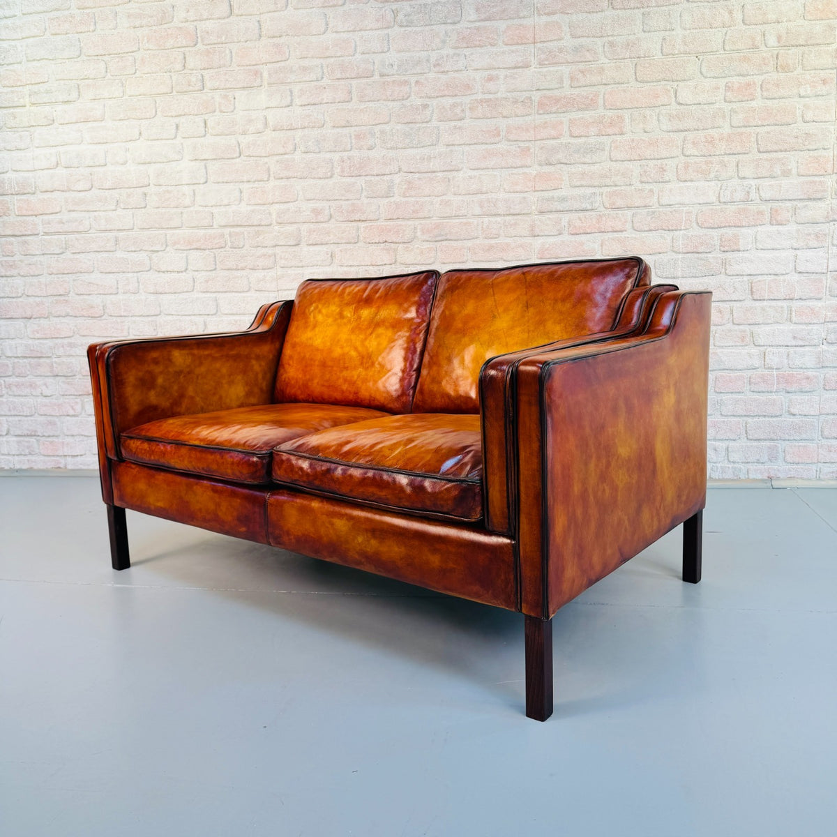 Vintage Stouby Borge Mogensen Style Tan Leather 2 Seater Danish Sofa