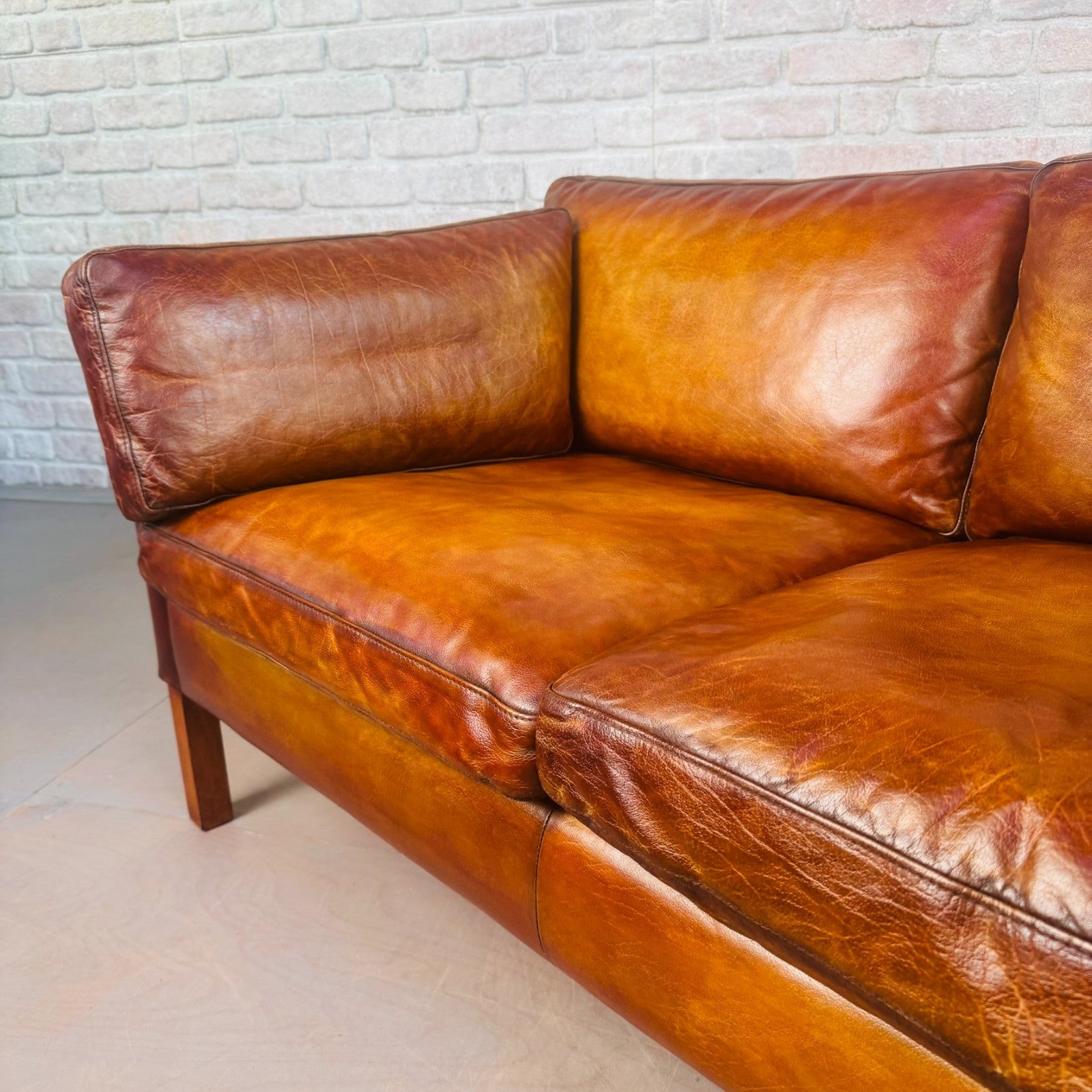 Vintage Stouby Tan Two-Seater Sofa Danish Buffalo Leather Feather Cushions