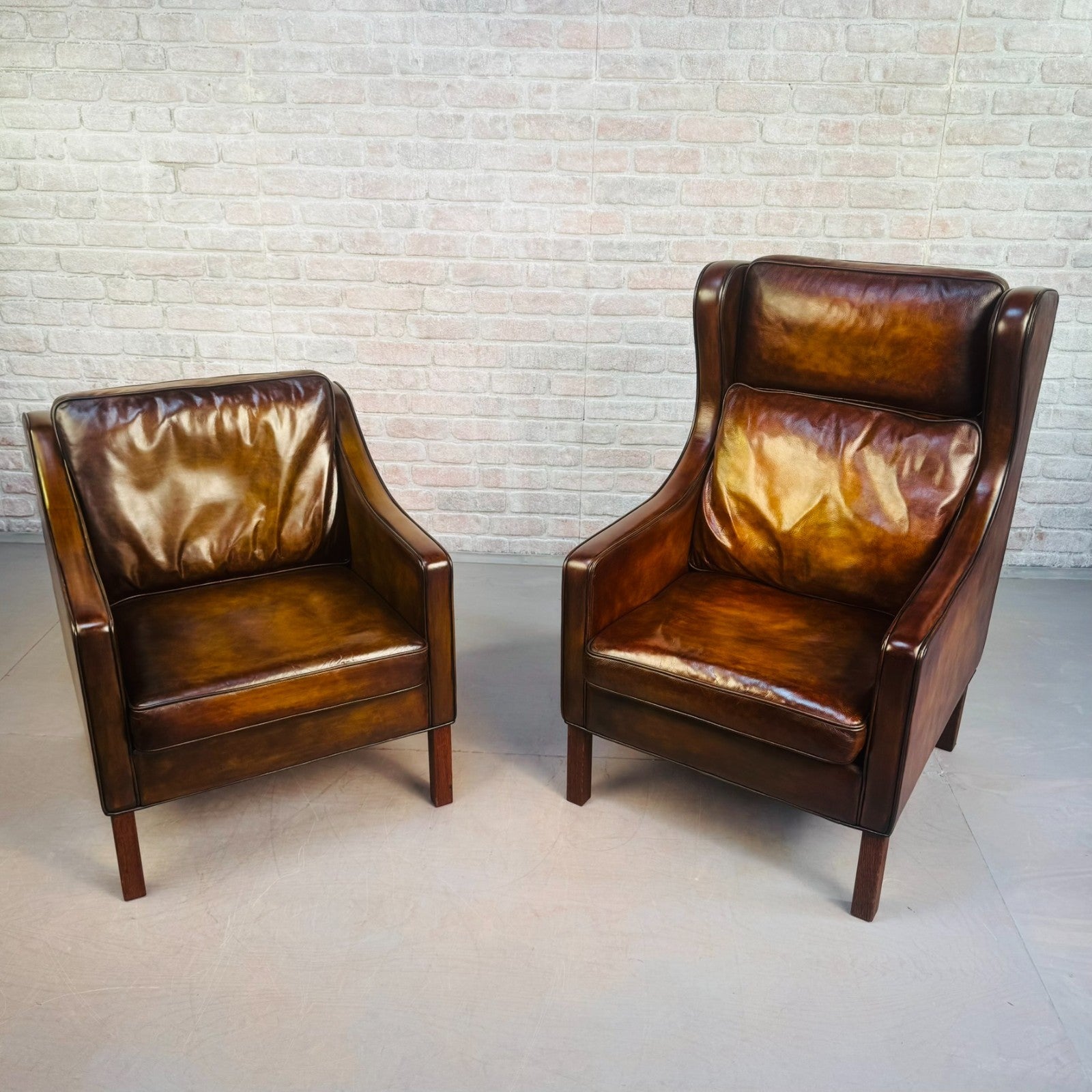 Vintage Danish His & Hers High Back Leather Chairs Pair Light Brown Armchairs