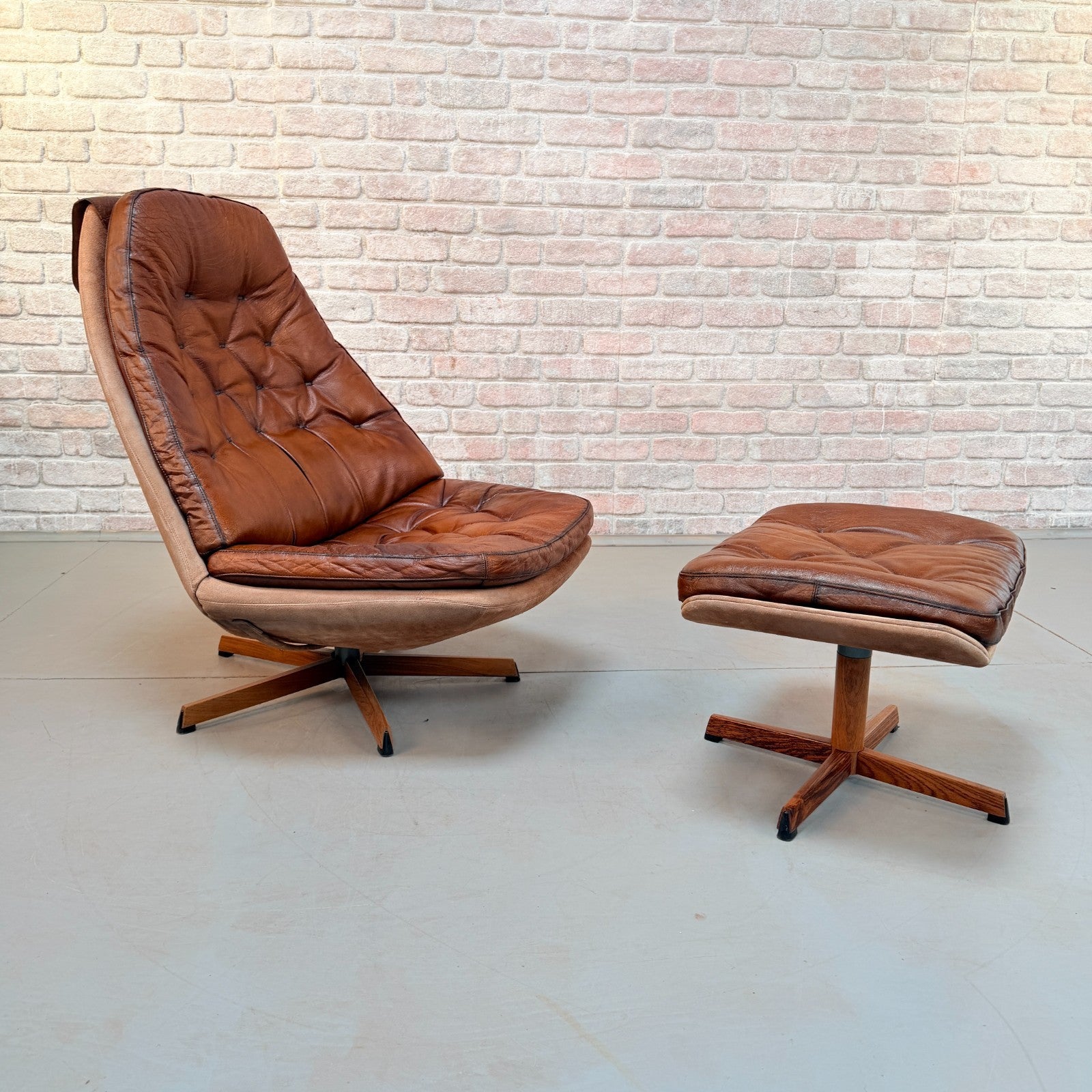 1960s Pair of Madsen & Schubell MS68 Cognac Leather Lounge Chairs & Footstools