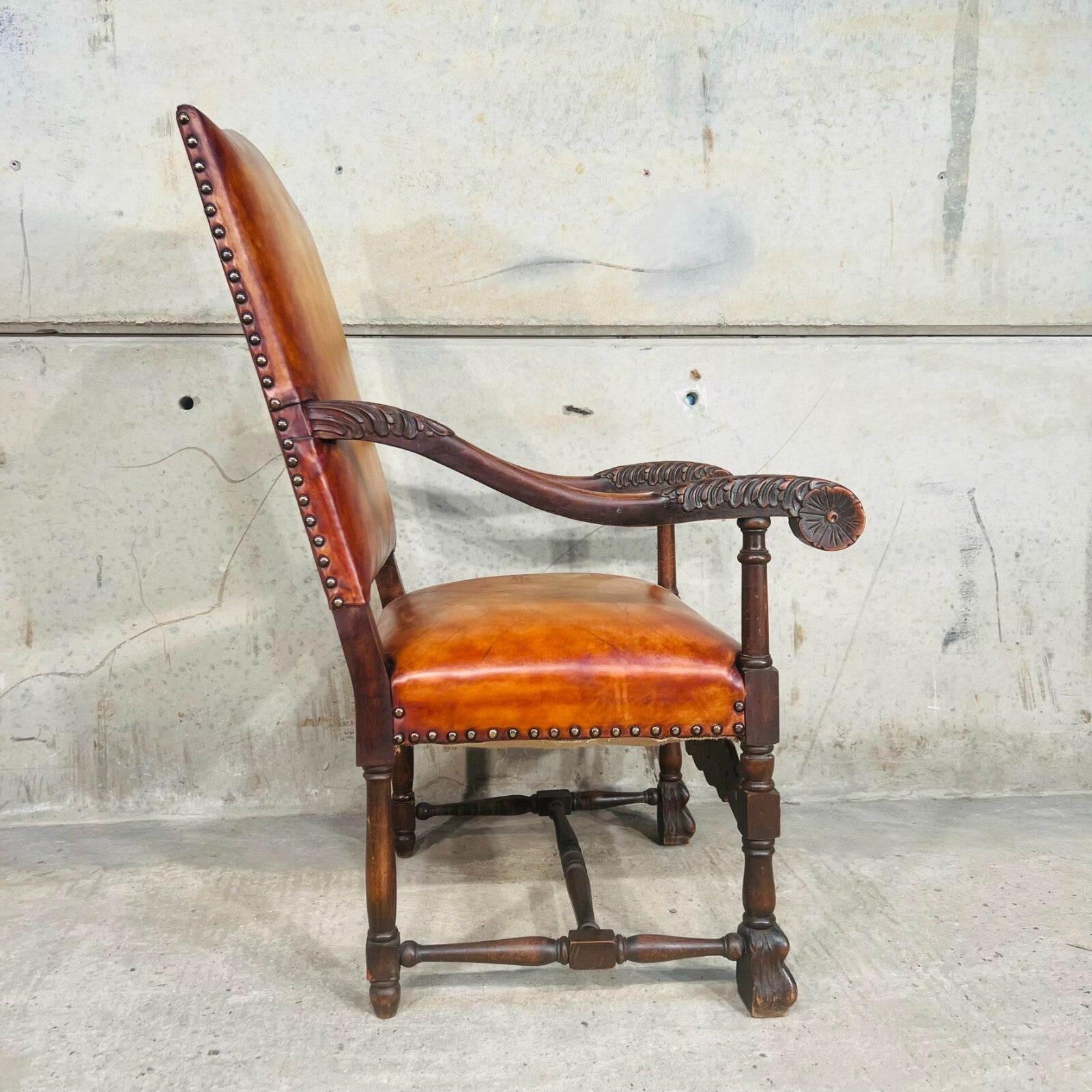 Cromwellian Revival Carved Oak and Leather Armchair Carver Chair