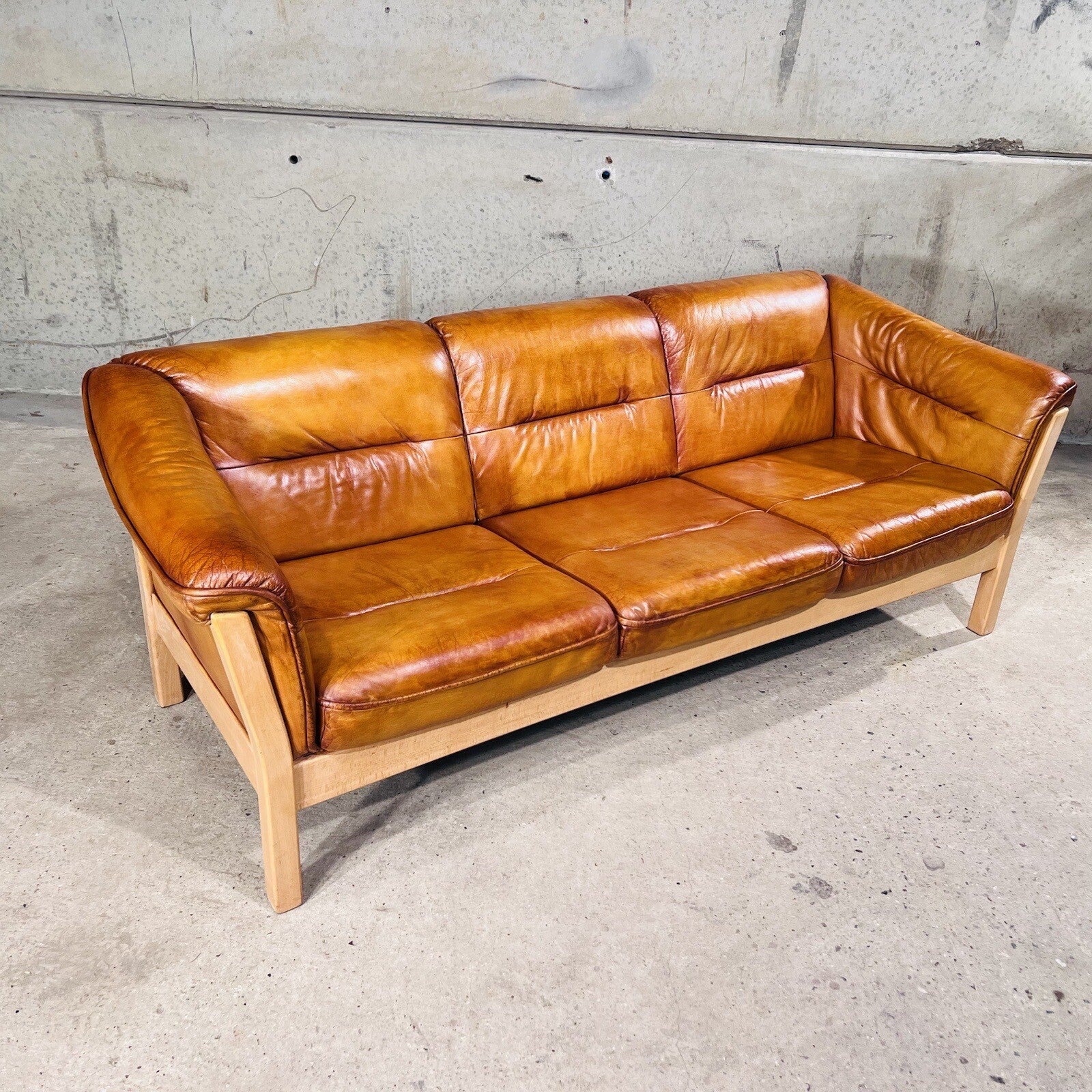 Long Vintage Swedish Three-Seater Patinated  Tan Leather Sofa