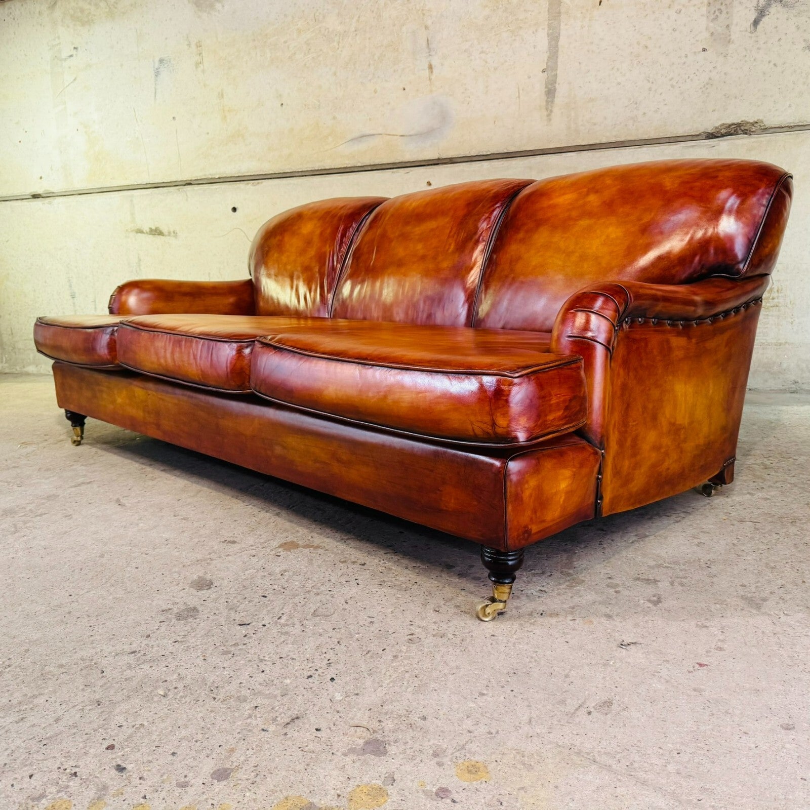 Vintage English Howard & Sons Bridgewater-Style 3-Seater Tan Leather Sofa