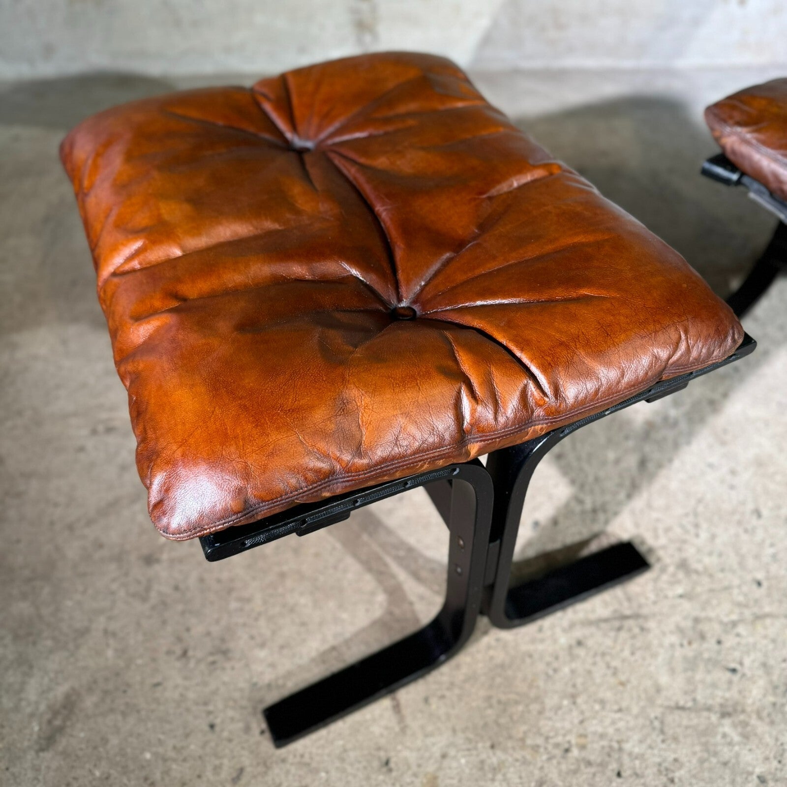 Vintage 1970s Westnofa Highback Tan Leather Chair & Footstool Ebonised Beech