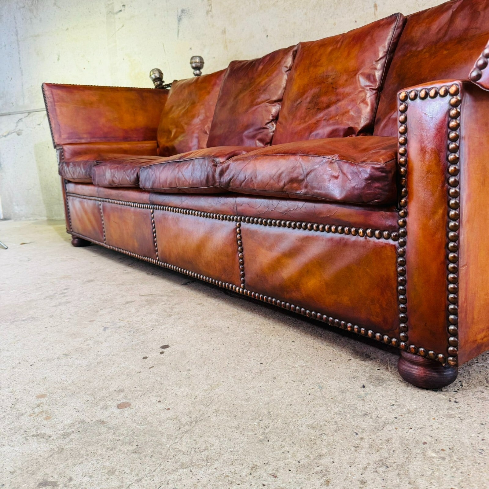 Stunning 1930s Knole Drop-End Large Four-Seater Tan Leather Sofa