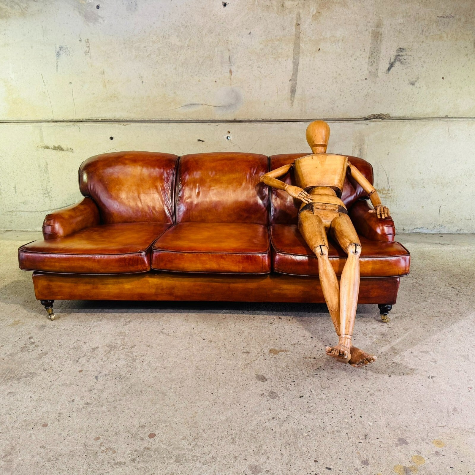 Vintage English Howard & Sons Bridgewater-Style 3-Seater Tan Leather Sofa