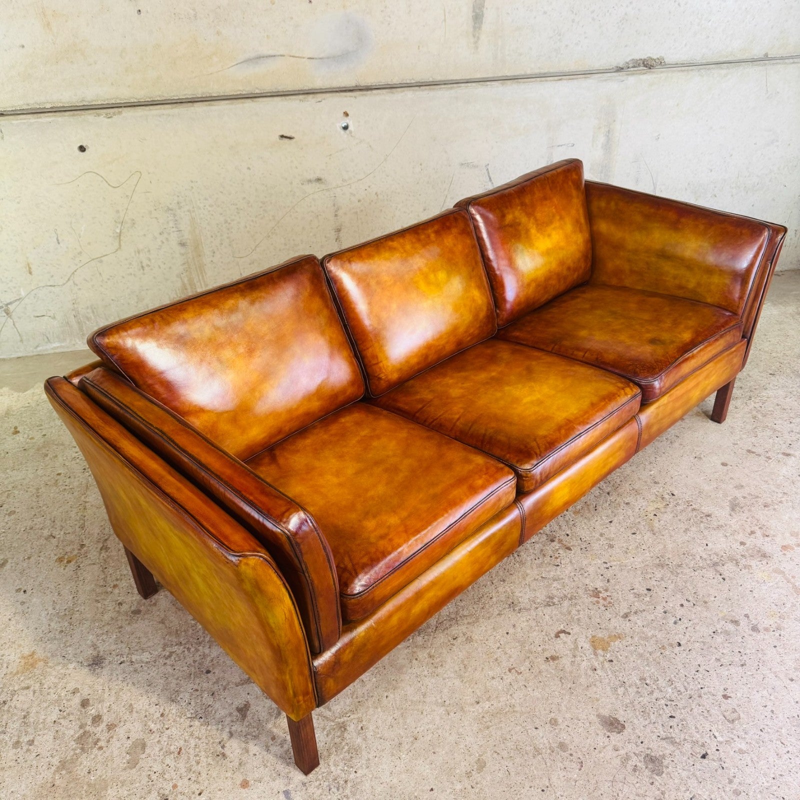 Vintage Danish Light Tan Leather Three-Seater Sofa