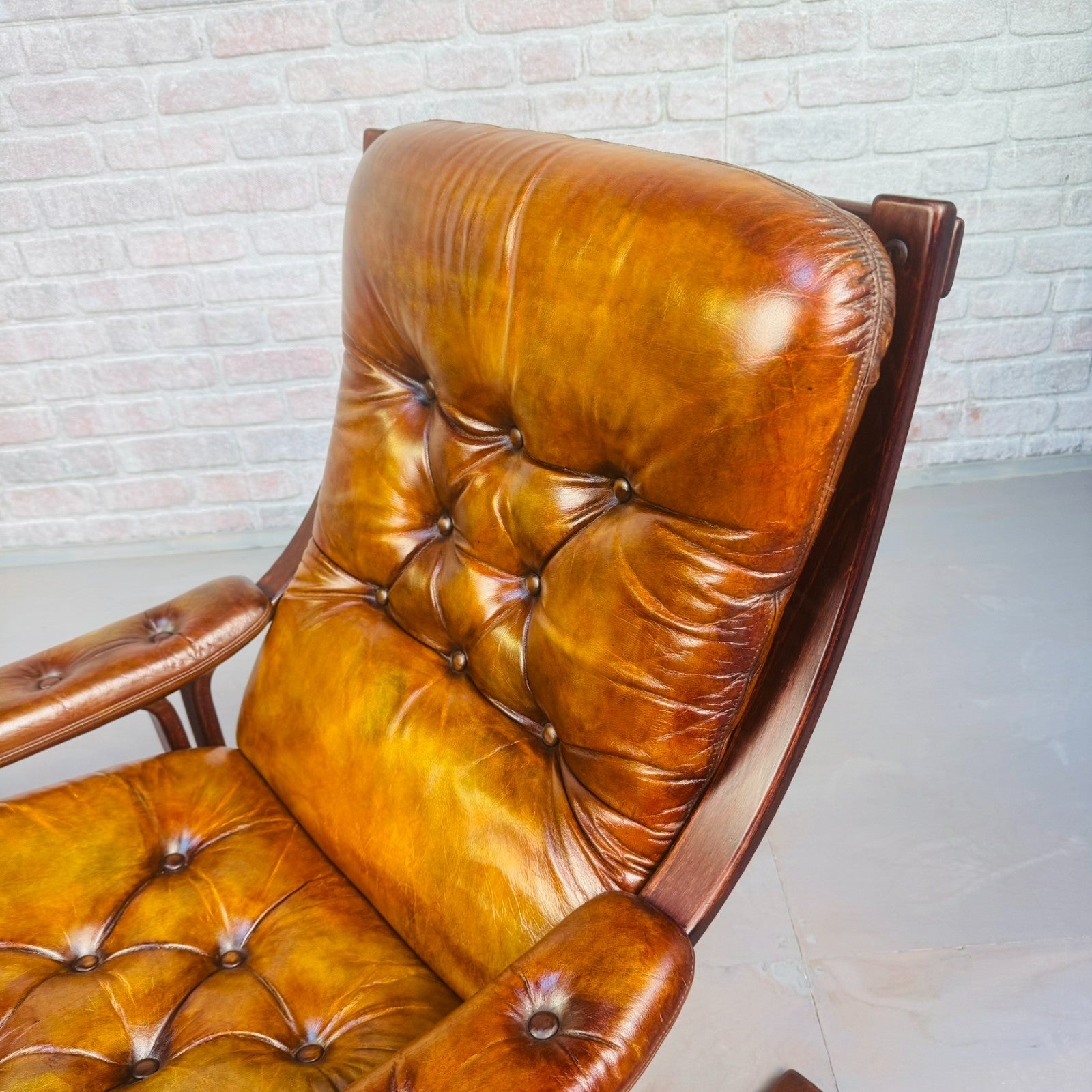 Pair of Vintage Danish Tan Leather Armchairs High Back Mid Century Chairs