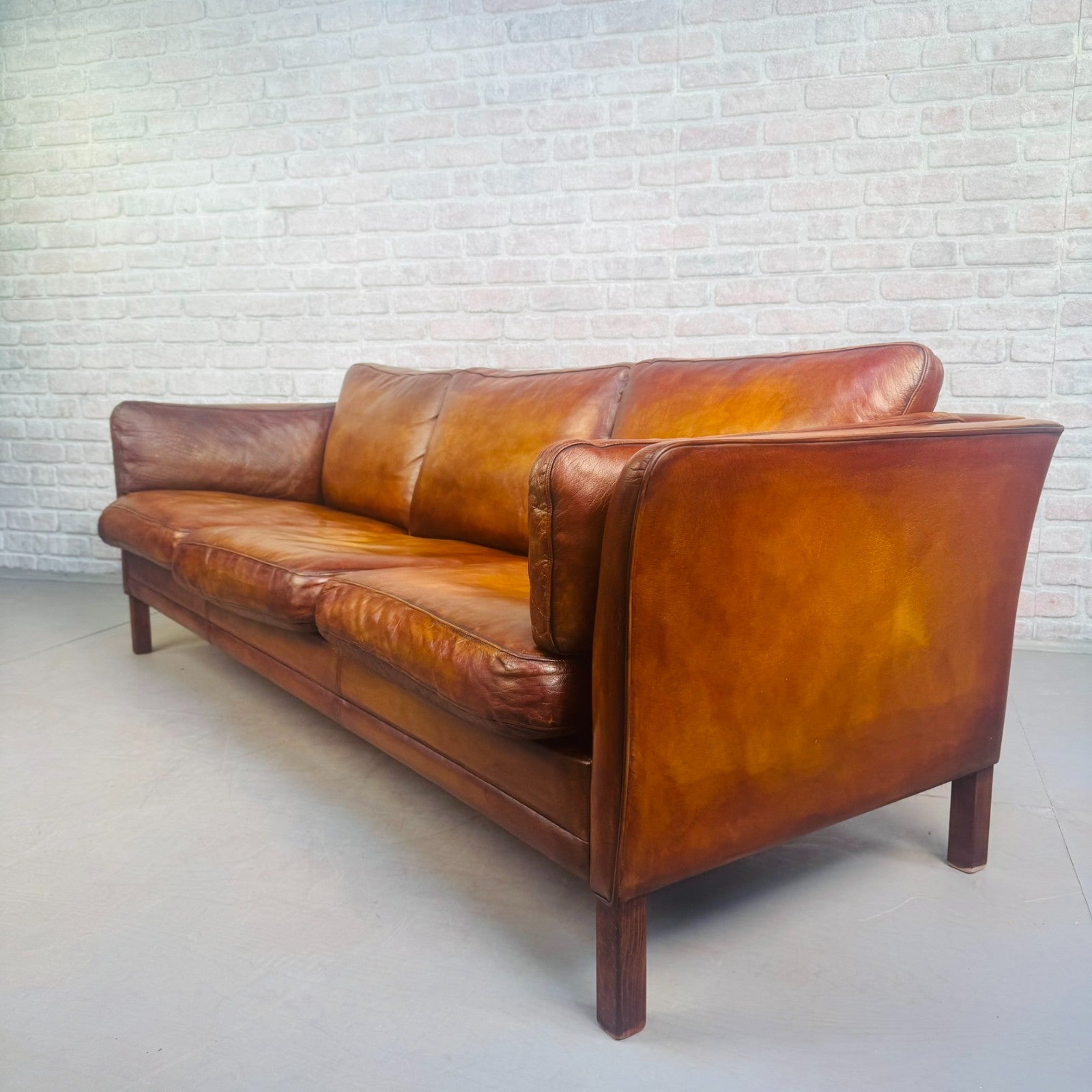 Vintage Long 70s Danish Mogens Hansen Tan Leather 3 Seater Sofa Feather Cushions