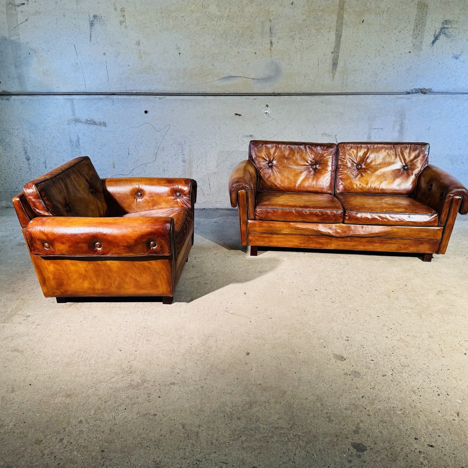 Vintage 1970s Danish Svend Skippers  Leather Sofa Two-Seater and Chair Set #A242