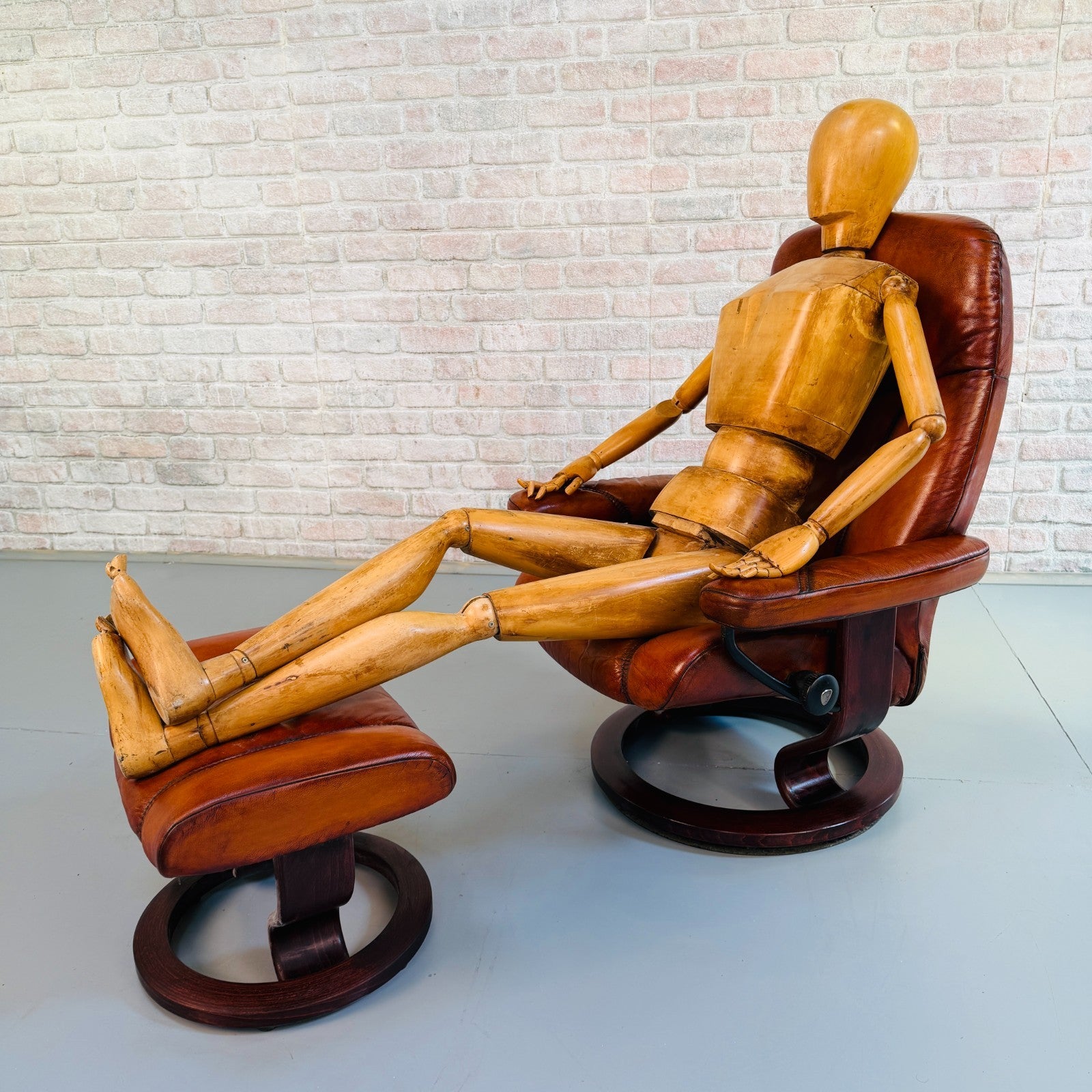 Vintage Danish Ekornes Reclining Swivel Armchair Tan Leather with Footstool