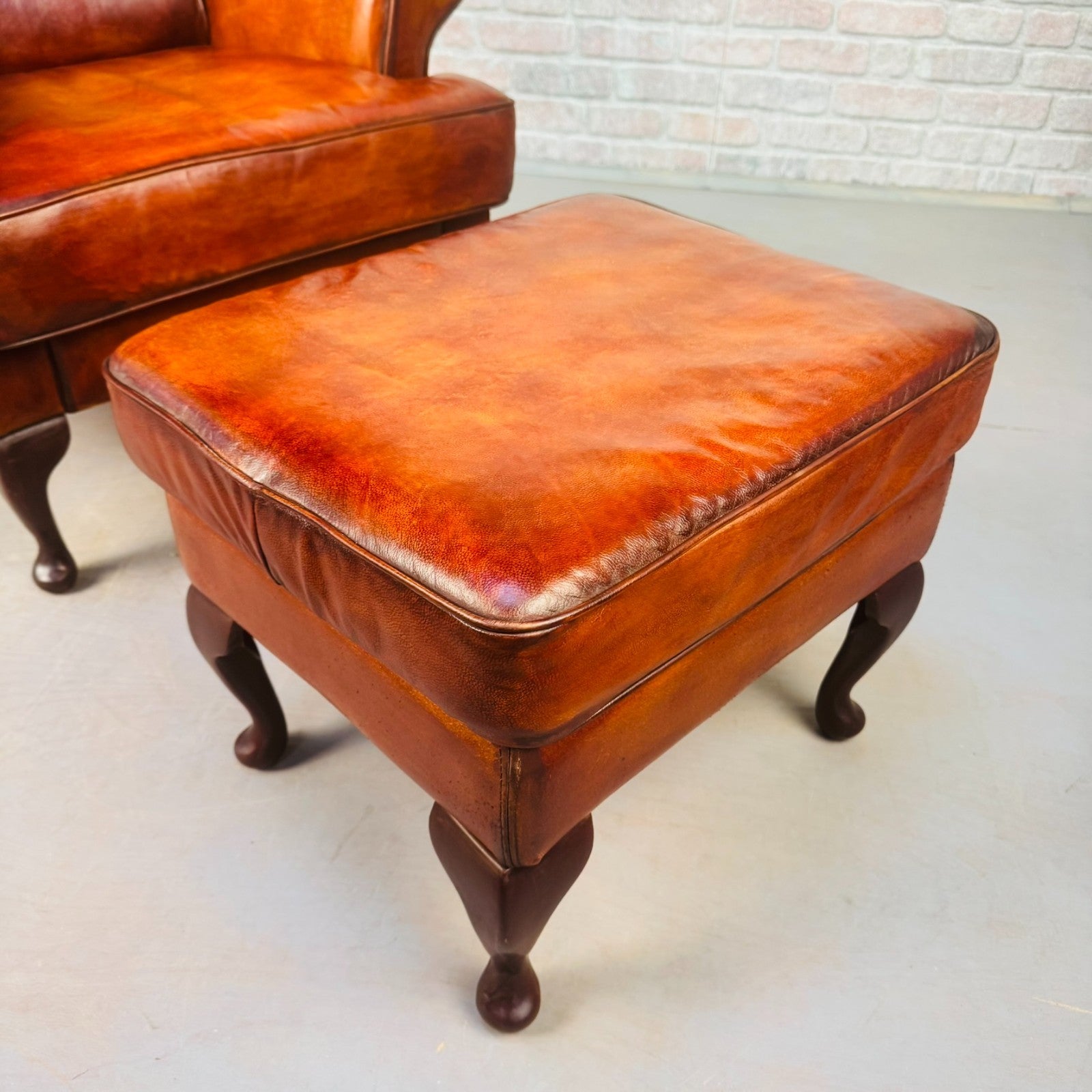 Vintage Danish Wingback Tan Leather Chair & Footstool