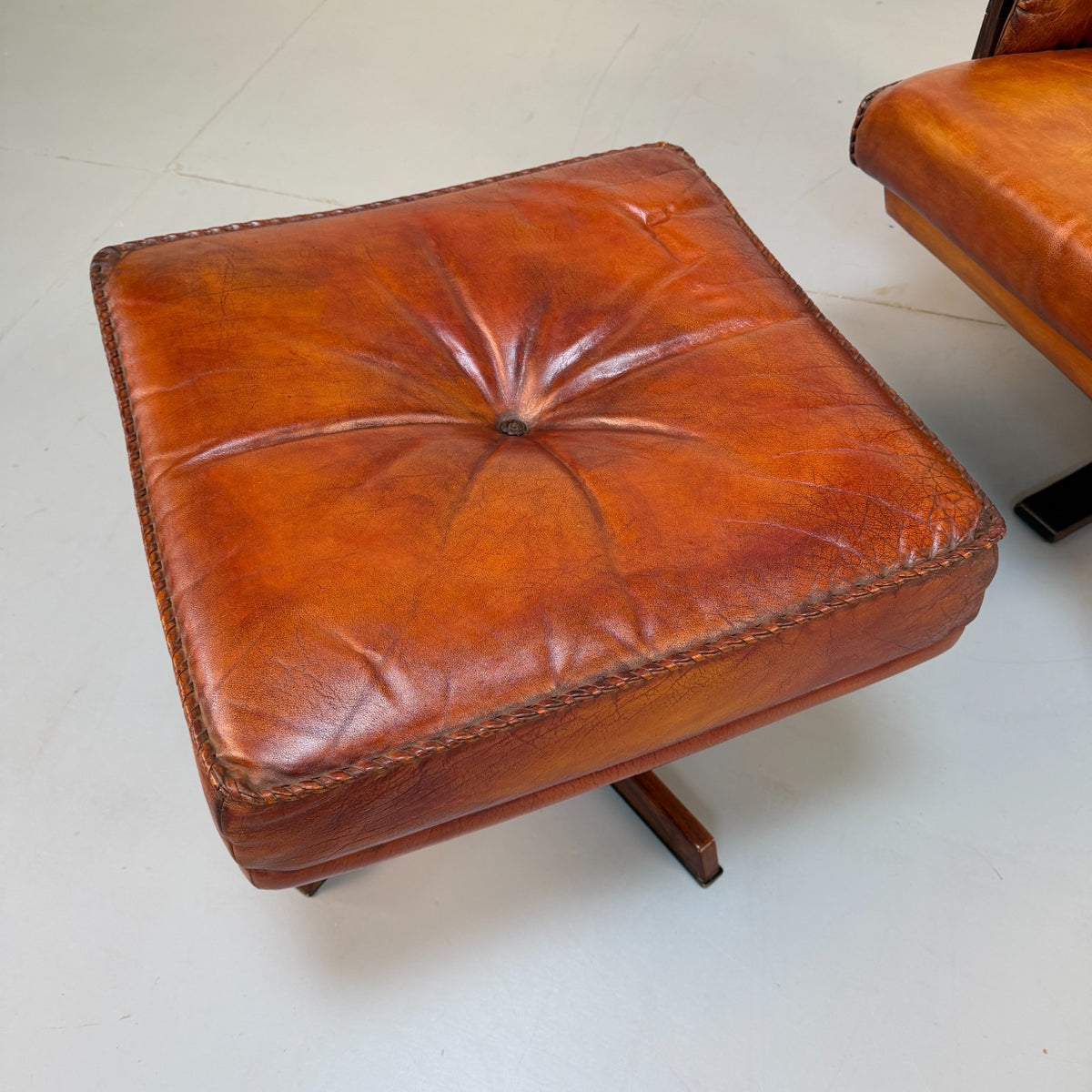 Vintage 1970s Arne Norell Swedish Tan Leather Swivel Chair & Footstool