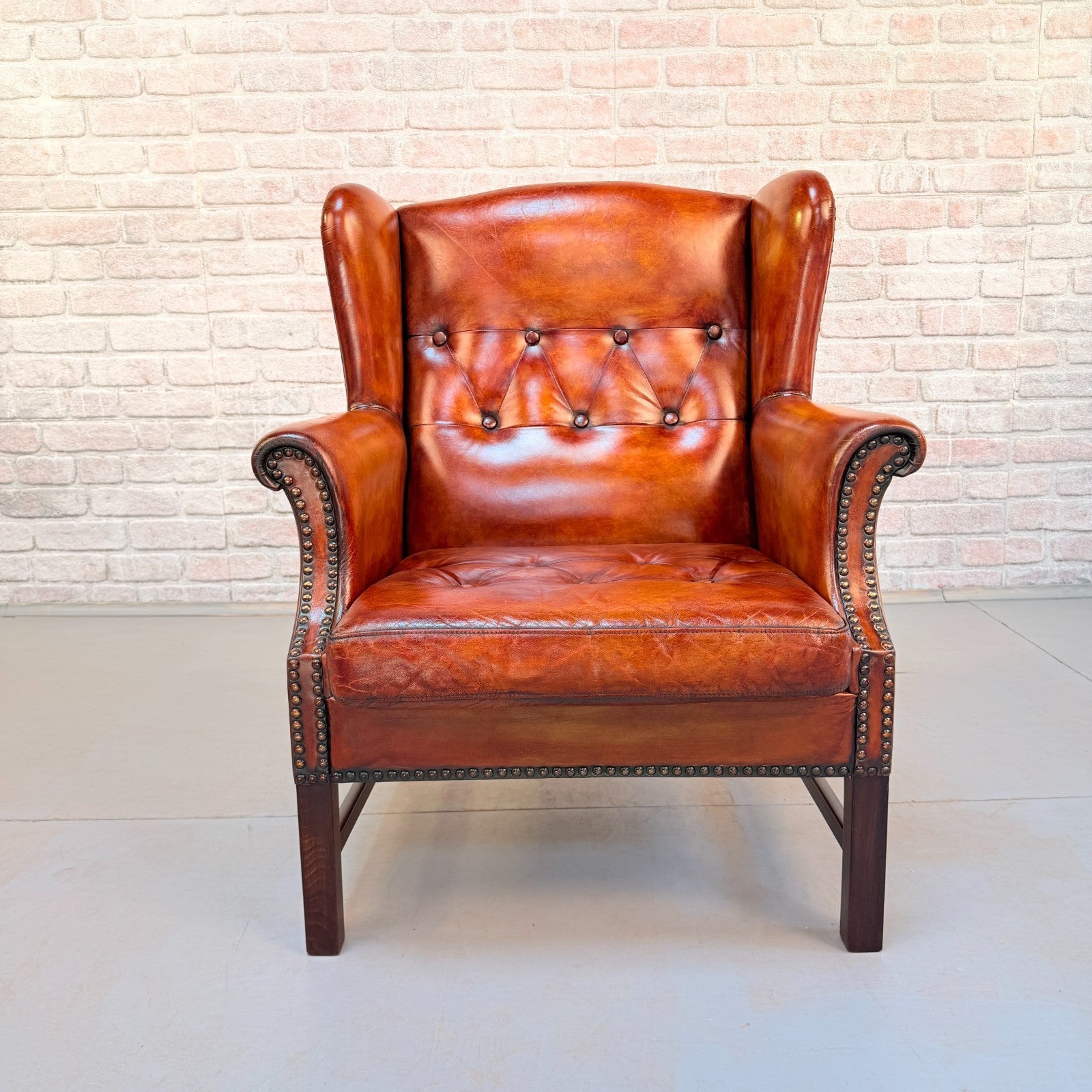 Vintage Danish Cognac Leather Wingback Armchair Hand Dyed Patina Chair