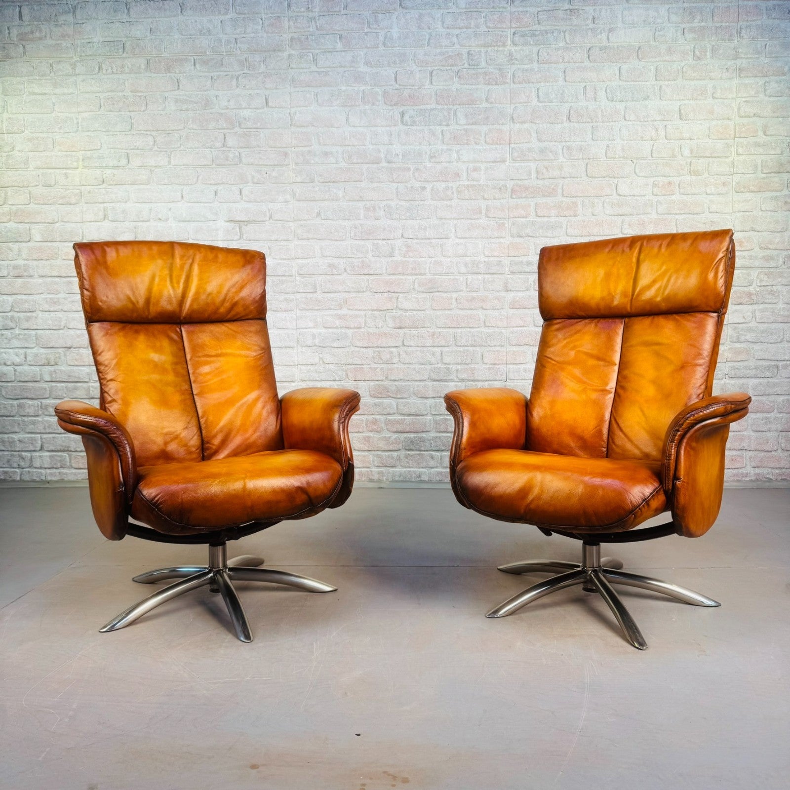 Vintage Pair of Danish High Back Swivel Recliner Chairs – Light Tan Leather