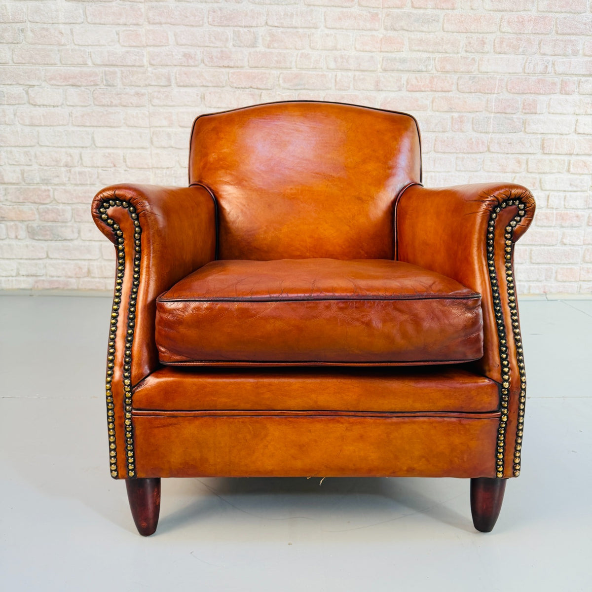 Vintage English Club Cognac Leather 2 Seater Sofa & Armchair Suite