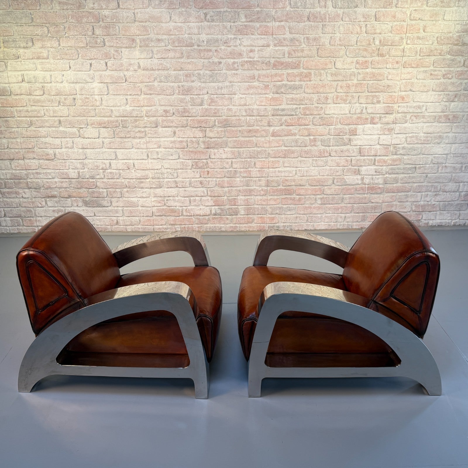 Stunning Pair of Vintage Art Deco Chrome Aviator Heritage Brown Leather Armchair