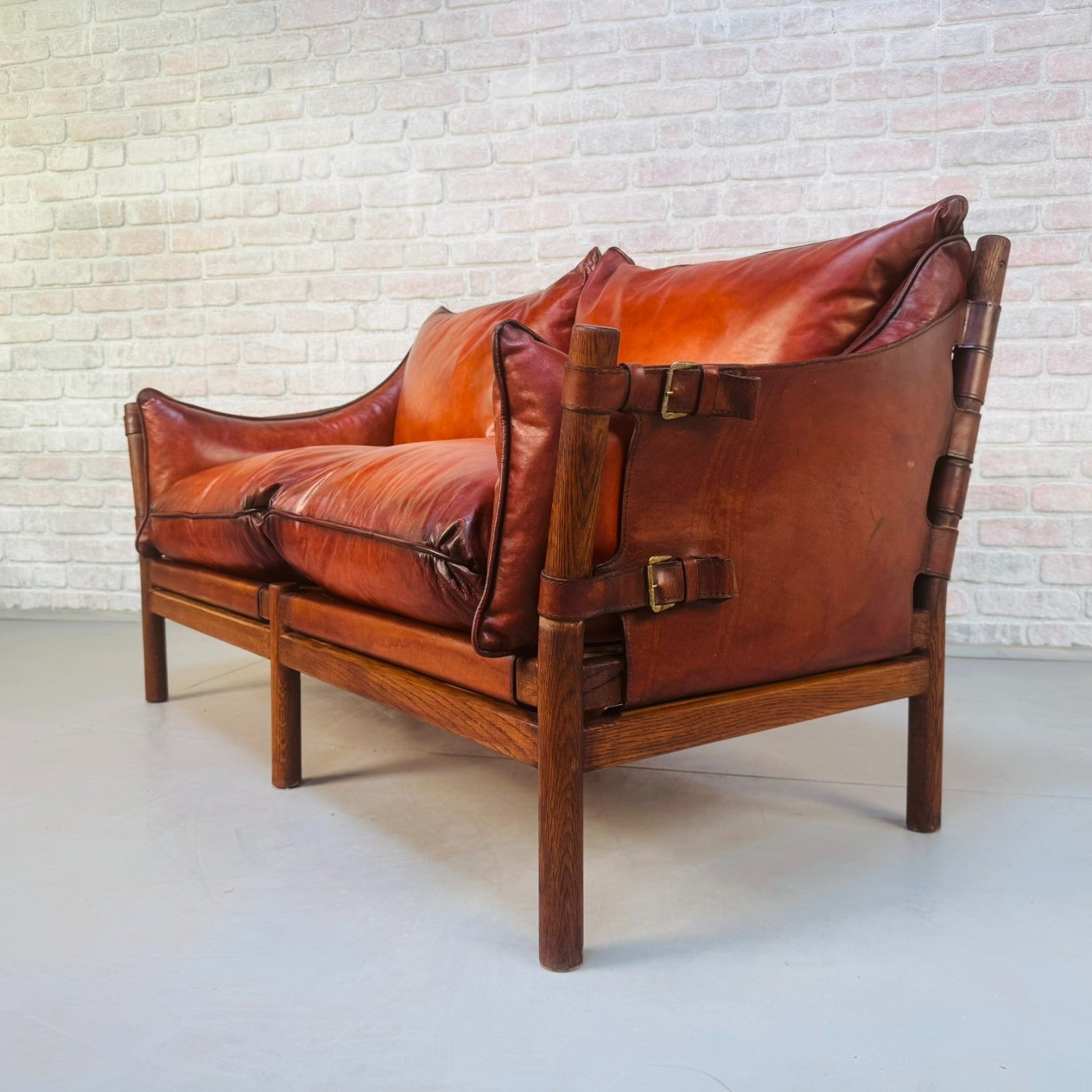 Vintage Swedish 60s Arne Norell “Ilona” Tan Leather Sofa & Pair of Saf
