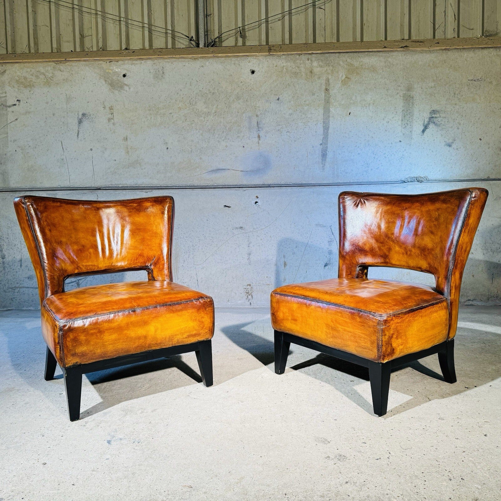 Pair of Vintage Andrew Martin Oversized Leather Chairs Hand-Dyed Light Tan