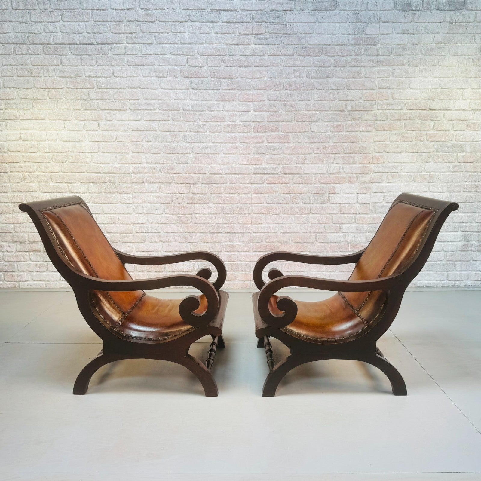 Vintage Danish Pair of Tan Leather Slipper Lounge Armchairs Mahogany Frame 1970s