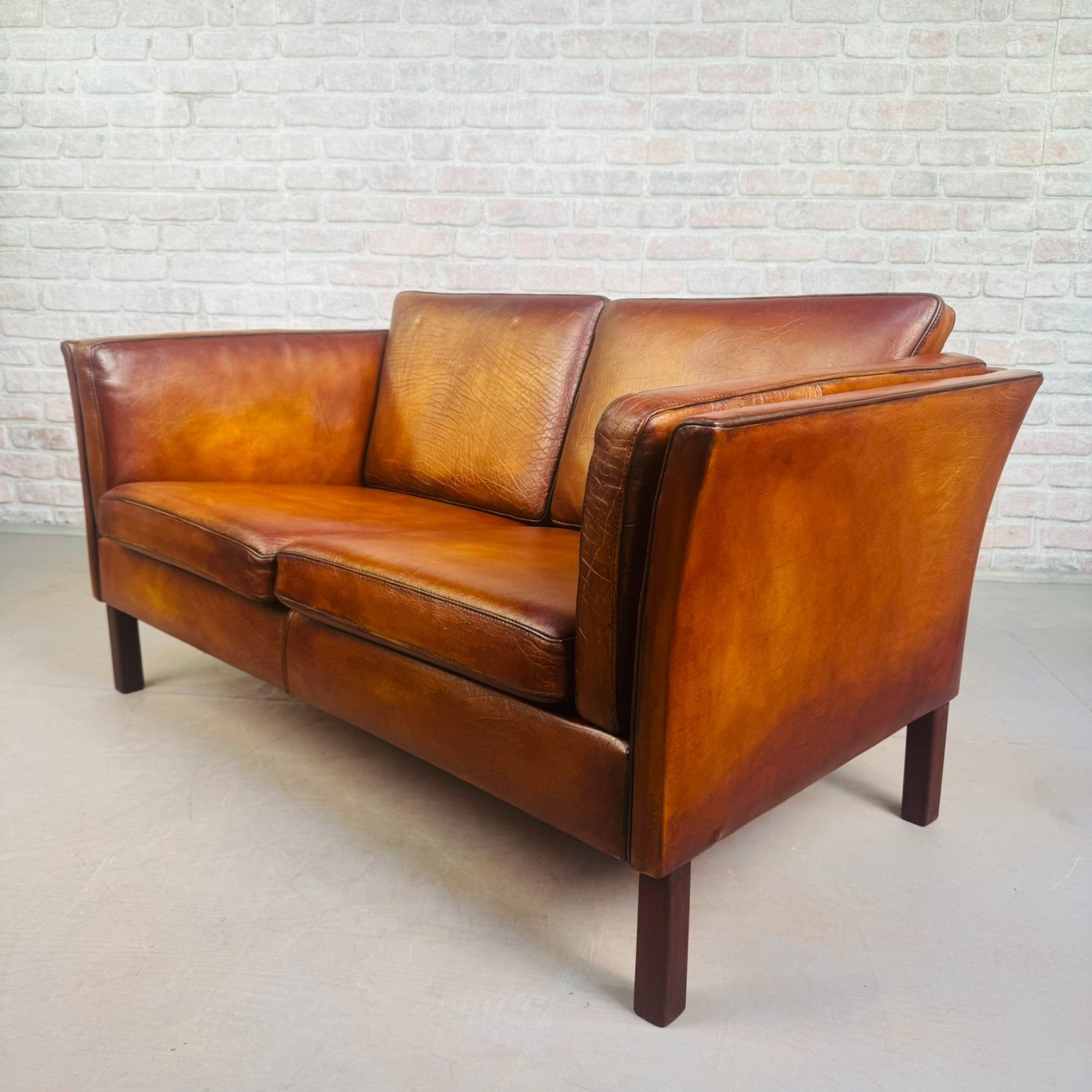 Vintage Danish Tan Leather 2 Seater Sofa Compact Mid Century Space Saver